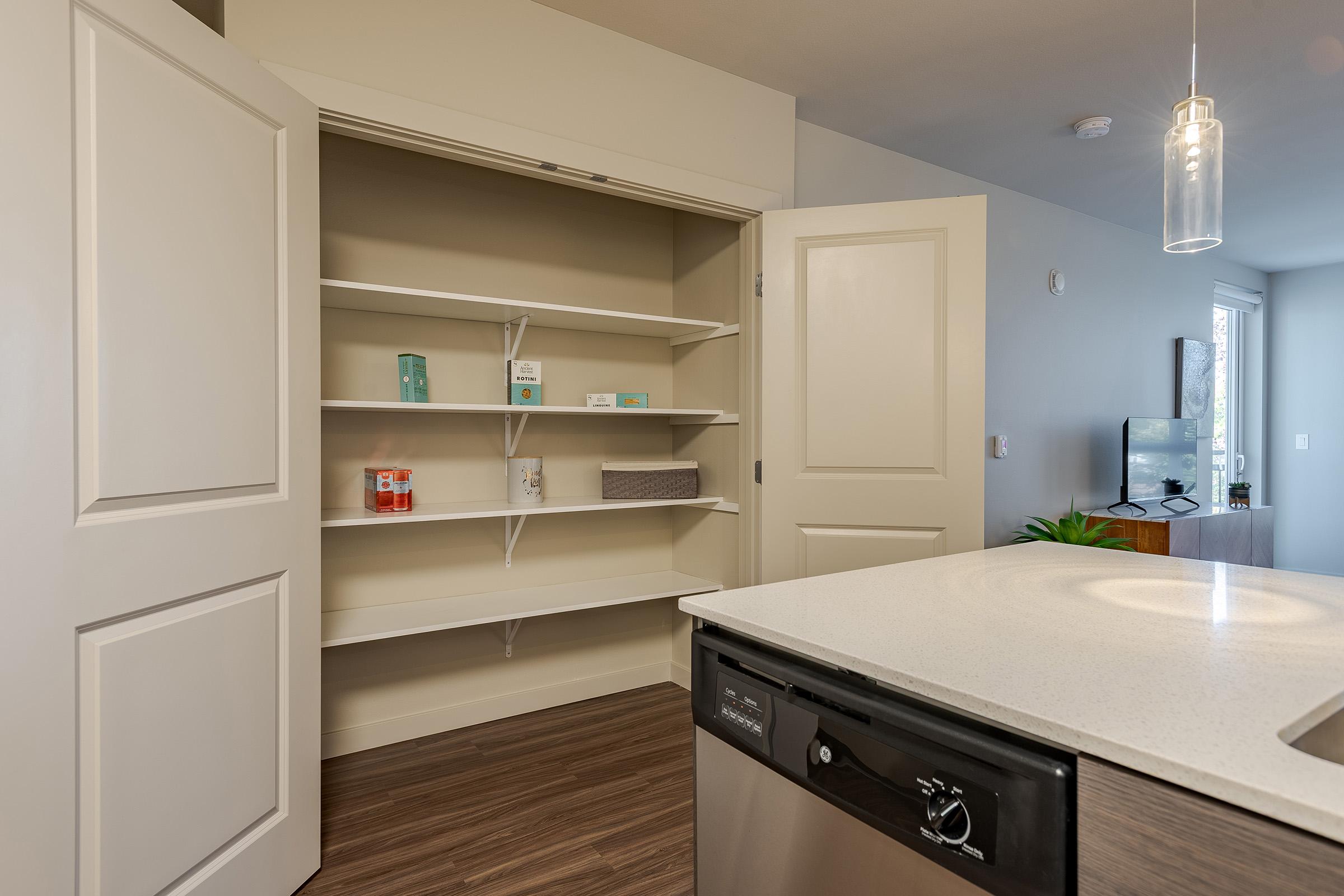 A spacious pantry with open shelves, featuring a few items such as cleaning supplies and storage bins. The pantry is adjacent to a modern kitchen with a sleek countertop and a dishwasher. Natural light comes from a nearby window, enhancing the bright and airy atmosphere of the space.