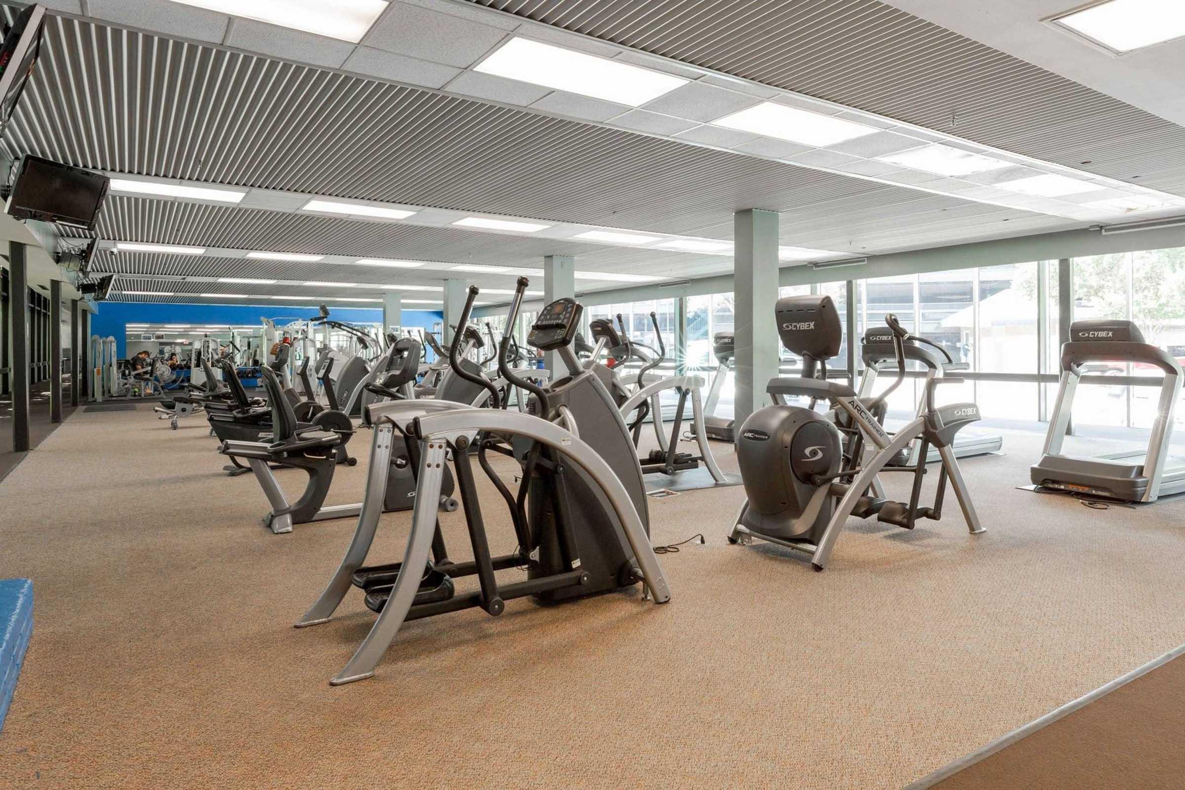 A spacious gym interior featuring various exercise equipment, including treadmills, stationary bikes, and elliptical machines. The area is well-lit with large windows, and the flooring is covered in a beige carpet. There are no people in the scene, creating a tranquil workout environment.