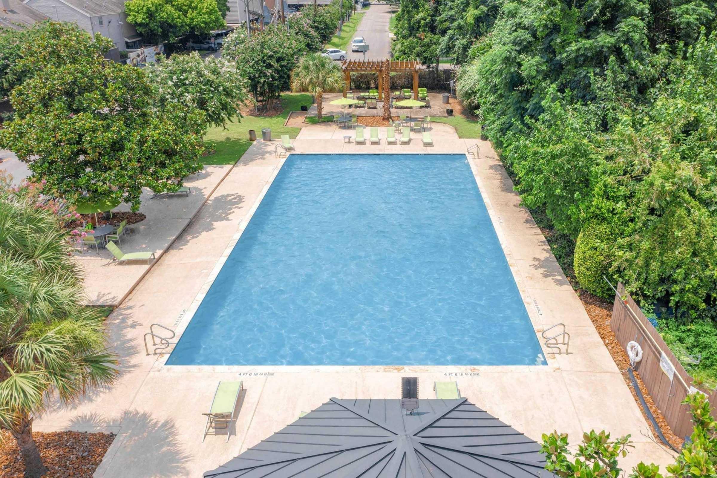 Aerial view of a clear blue swimming pool surrounded by palm trees and lush greenery. There are lounge chairs near the pool and a pergola in the background. The scene is set in a residential area with a tree-lined street visible in the distance.