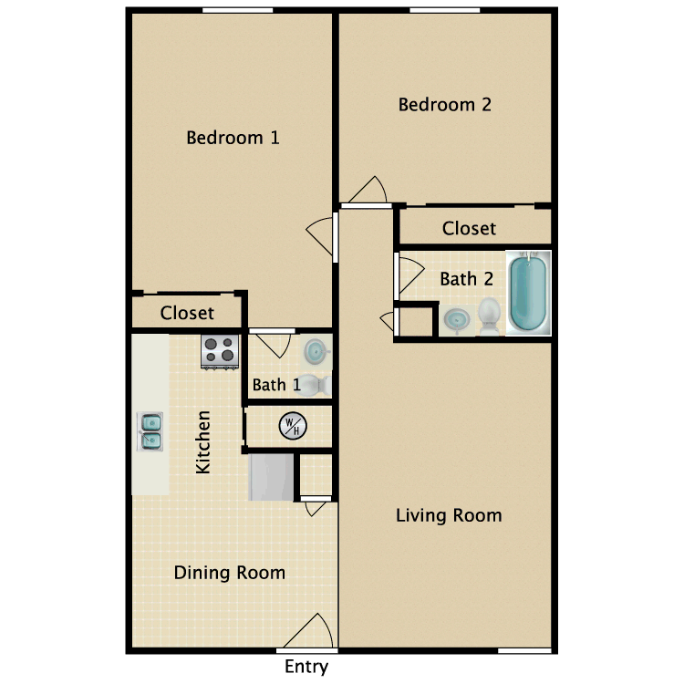 Floor plan image of 2 Bed 1.5 Bath
