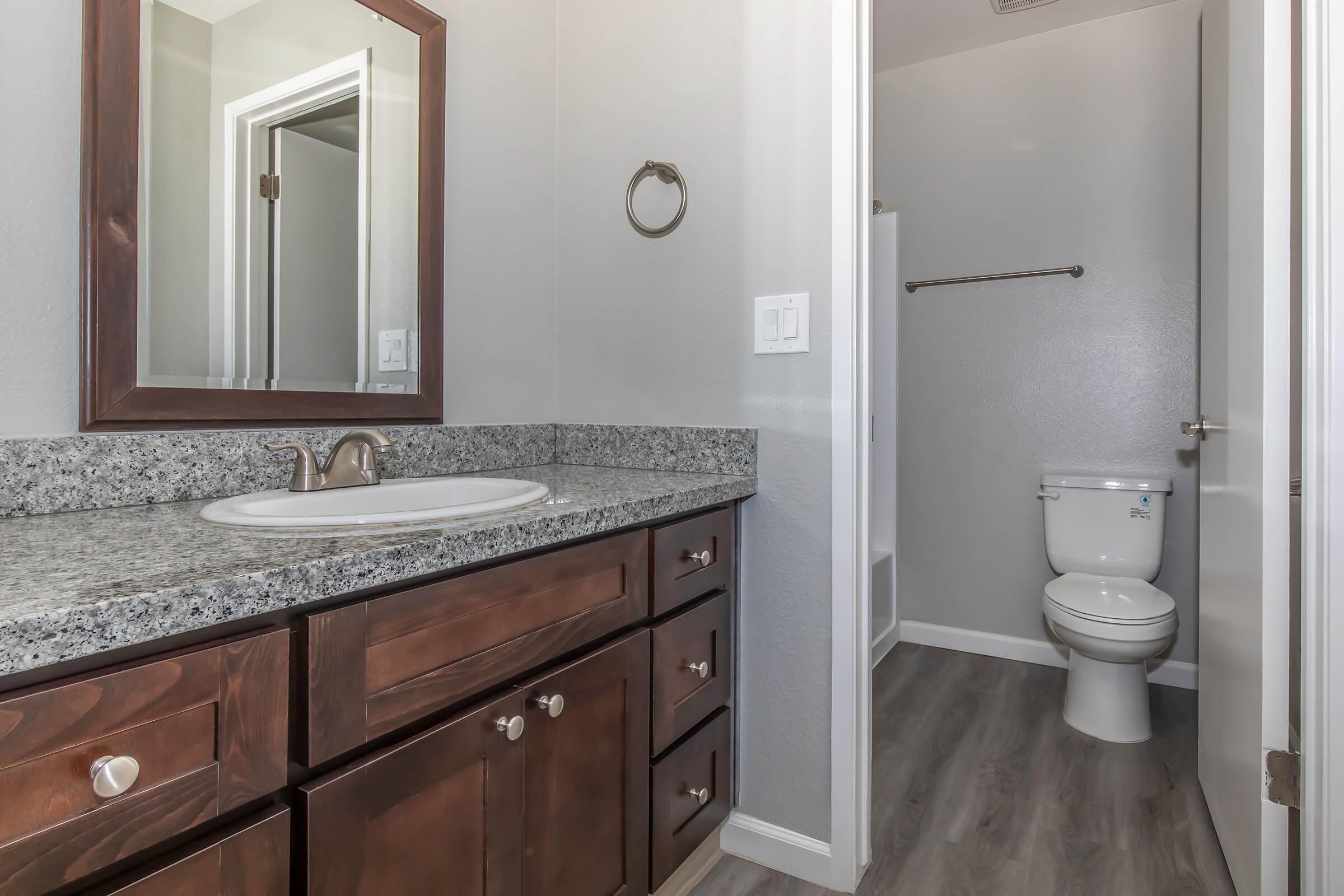 Apartments Near Fresno State in Visalia, CA - Oak View - Bathroom with in a Three-Quarter Style, Garden-Style Tub, and Dark Wood Vanity