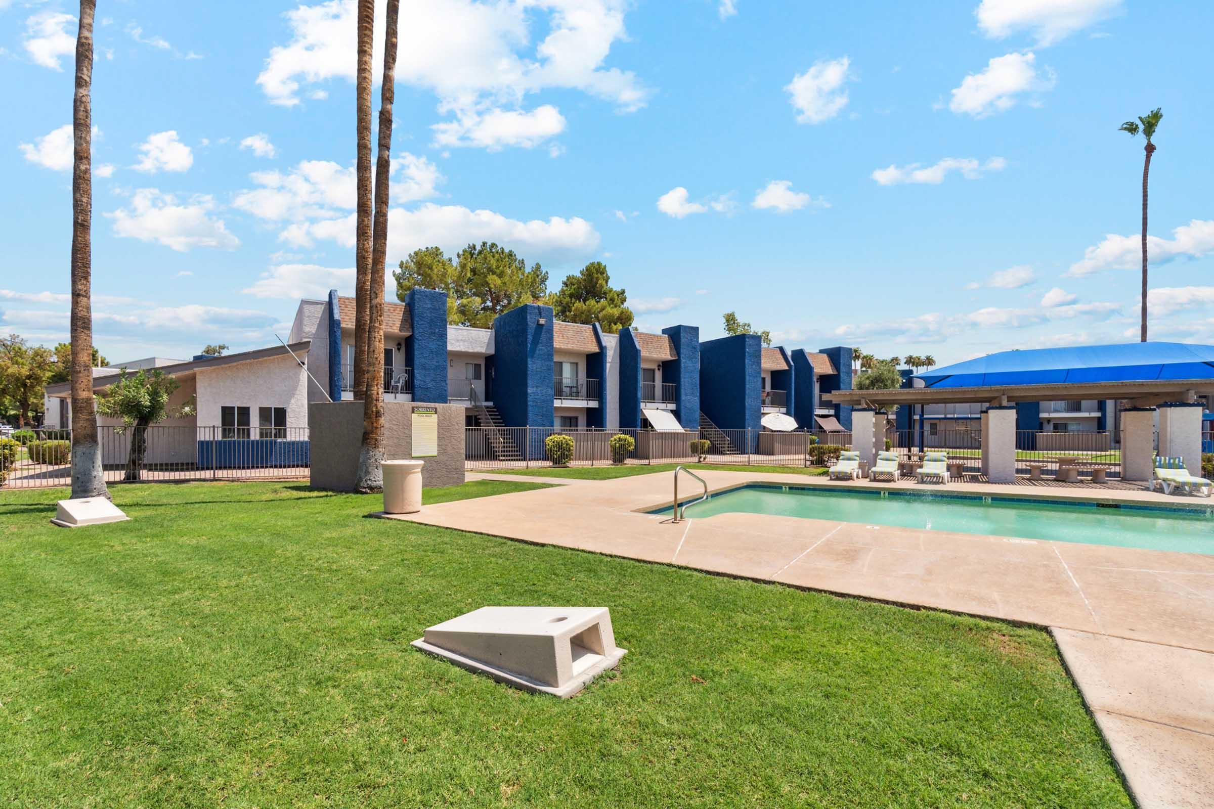 A sunny outdoor setting featuring a swimming pool surrounded by green grass.