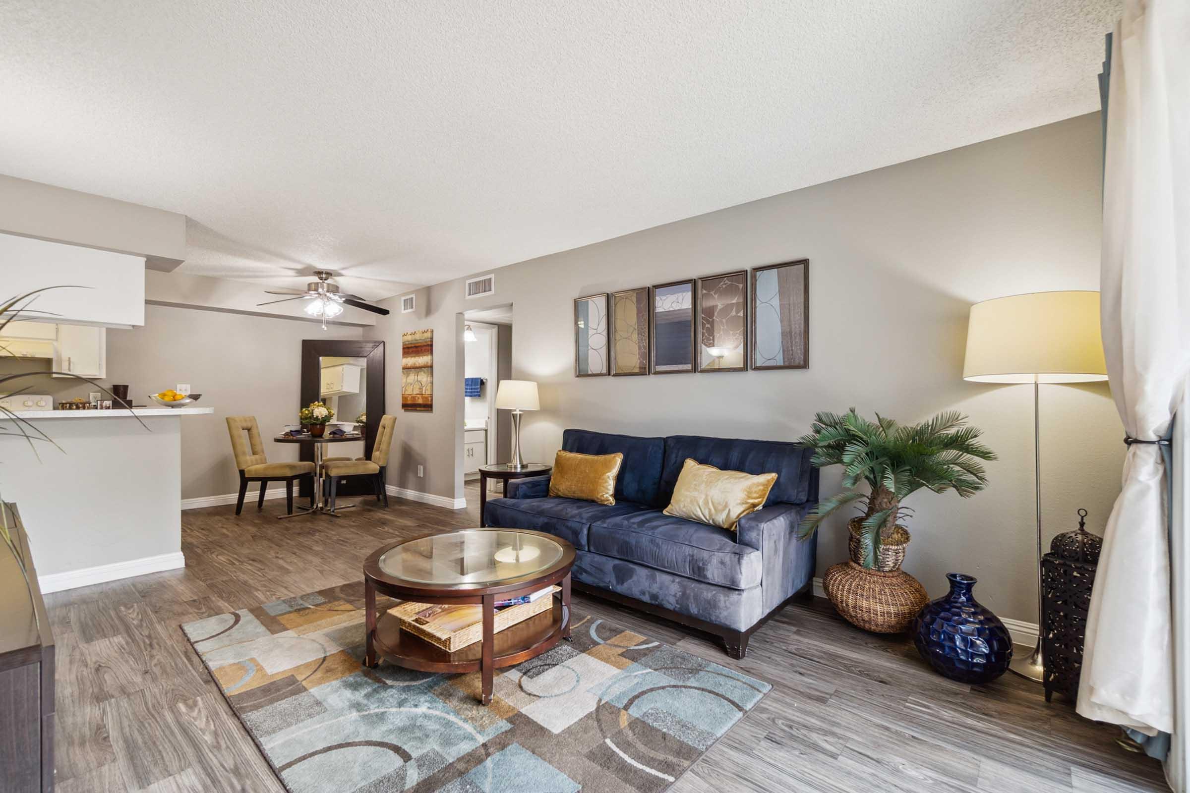 A modern living room featuring a blue sofa with decorative cushions, a round coffee table on a patterned rug, and a potted plant.