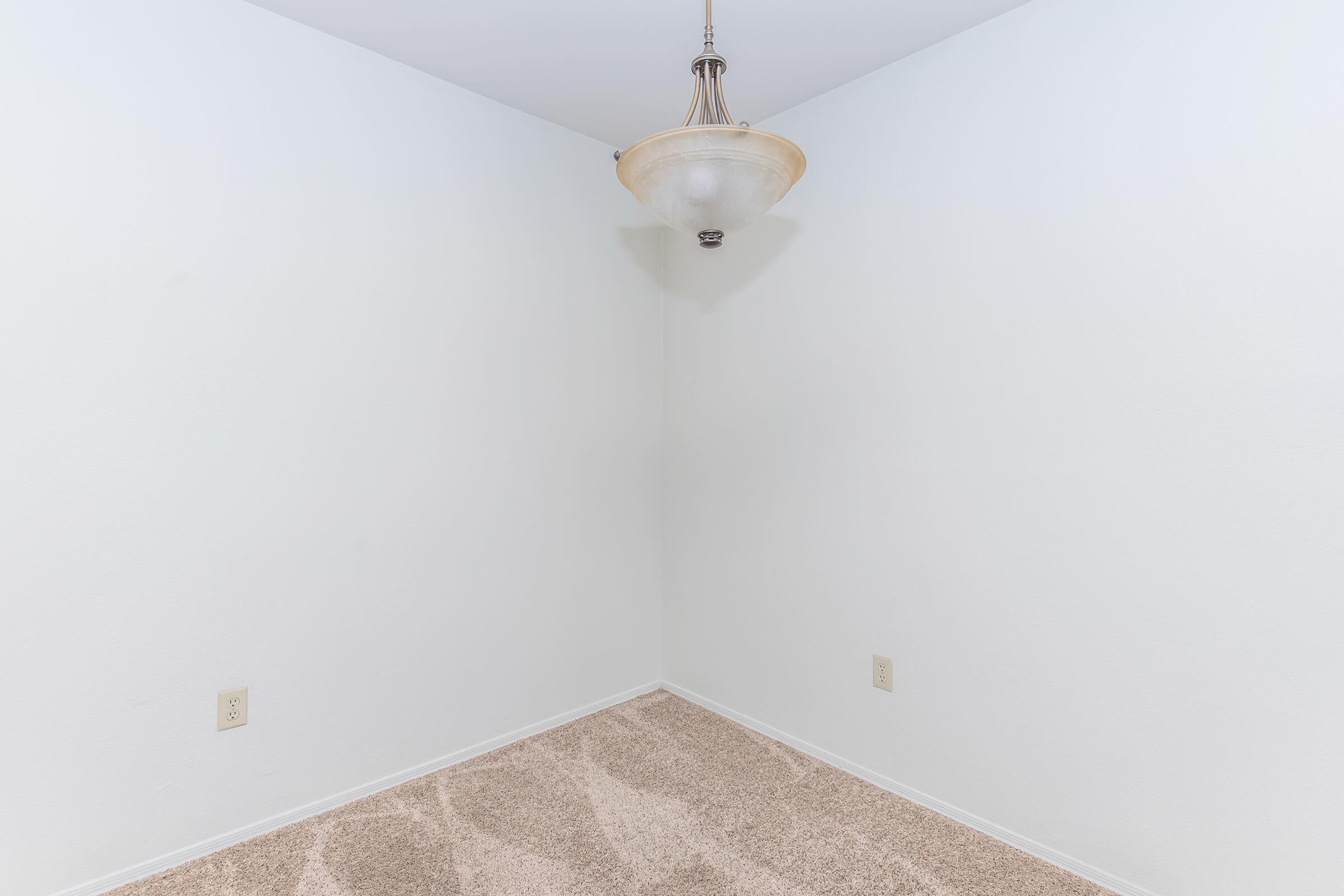 A vacant corner of a room featuring beige carpet and plain white walls. A ceiling light fixture hangs from the ceiling, illuminating the space. The area appears empty and uncluttered, creating a spacious and minimalistic feeling.