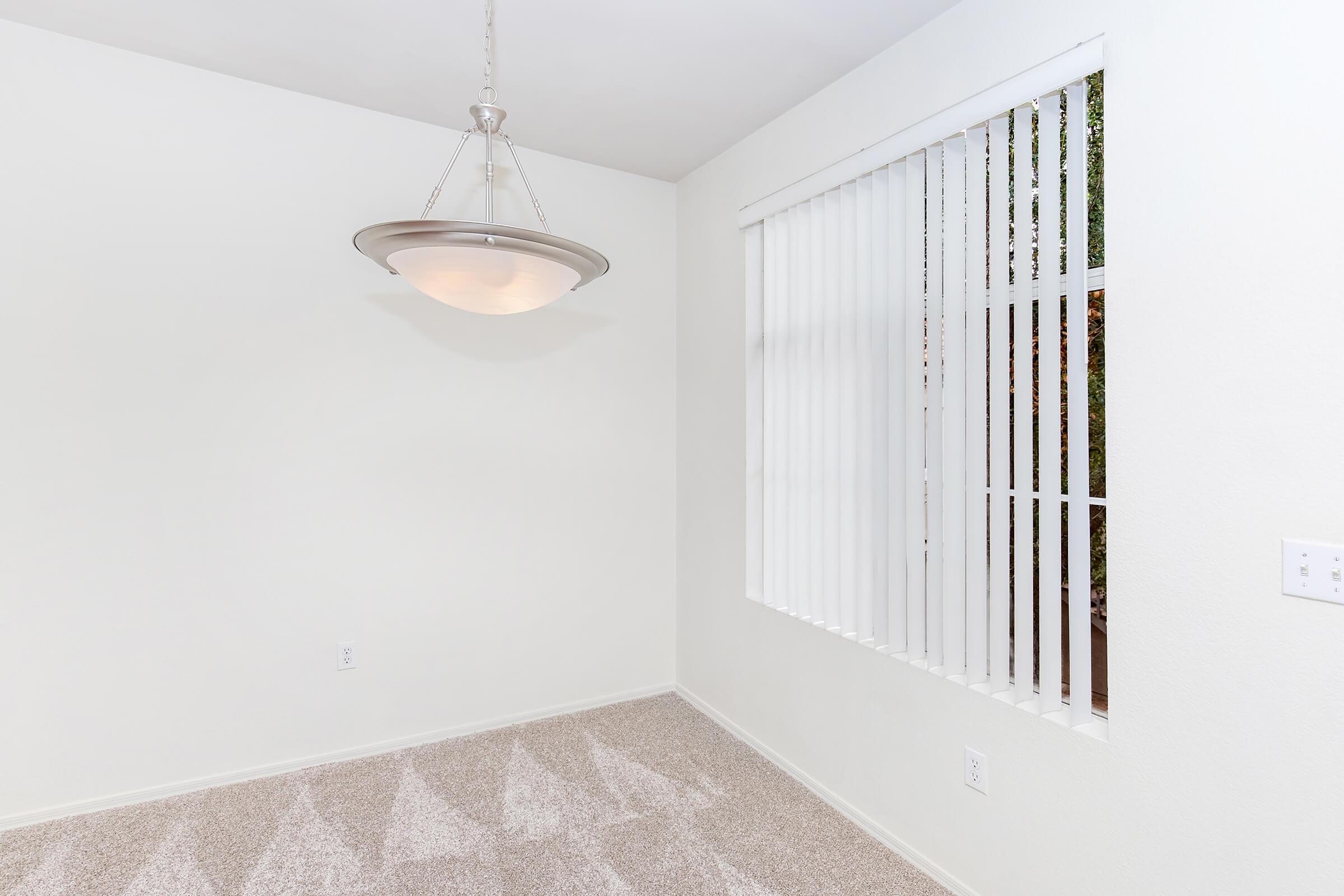 A spacious interior room featuring light beige carpet, white walls, and a large window with vertical blinds. A modern ceiling light fixture hangs in the center, illuminating the space. The overall ambiance is bright and minimalistic, creating a neutral and inviting atmosphere.