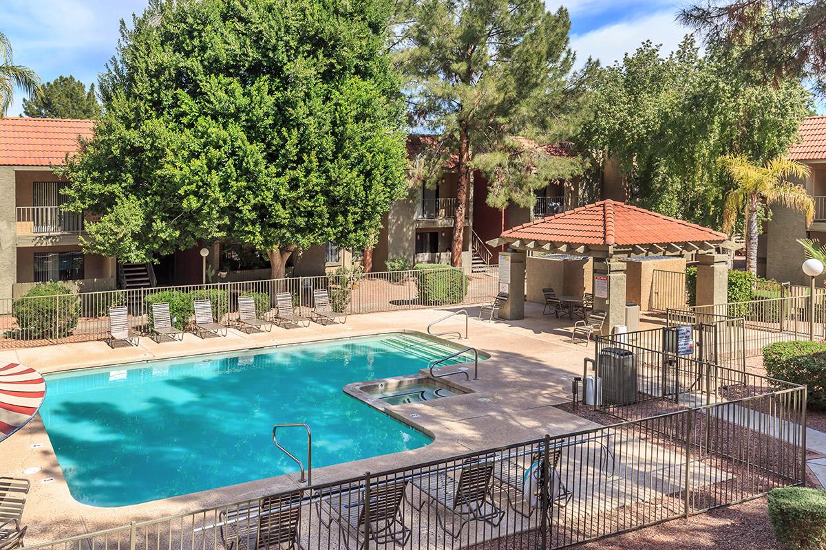 a group of lawn chairs sitting next to a pool of water