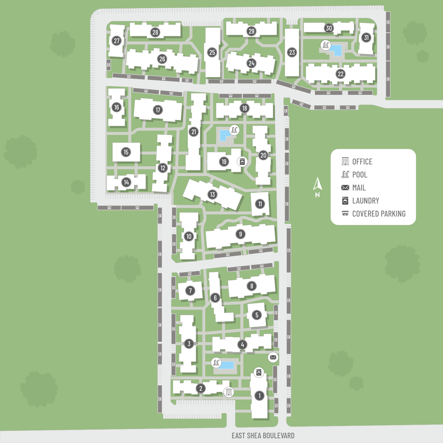 Community site plan at Rancho Sierra Apartments.