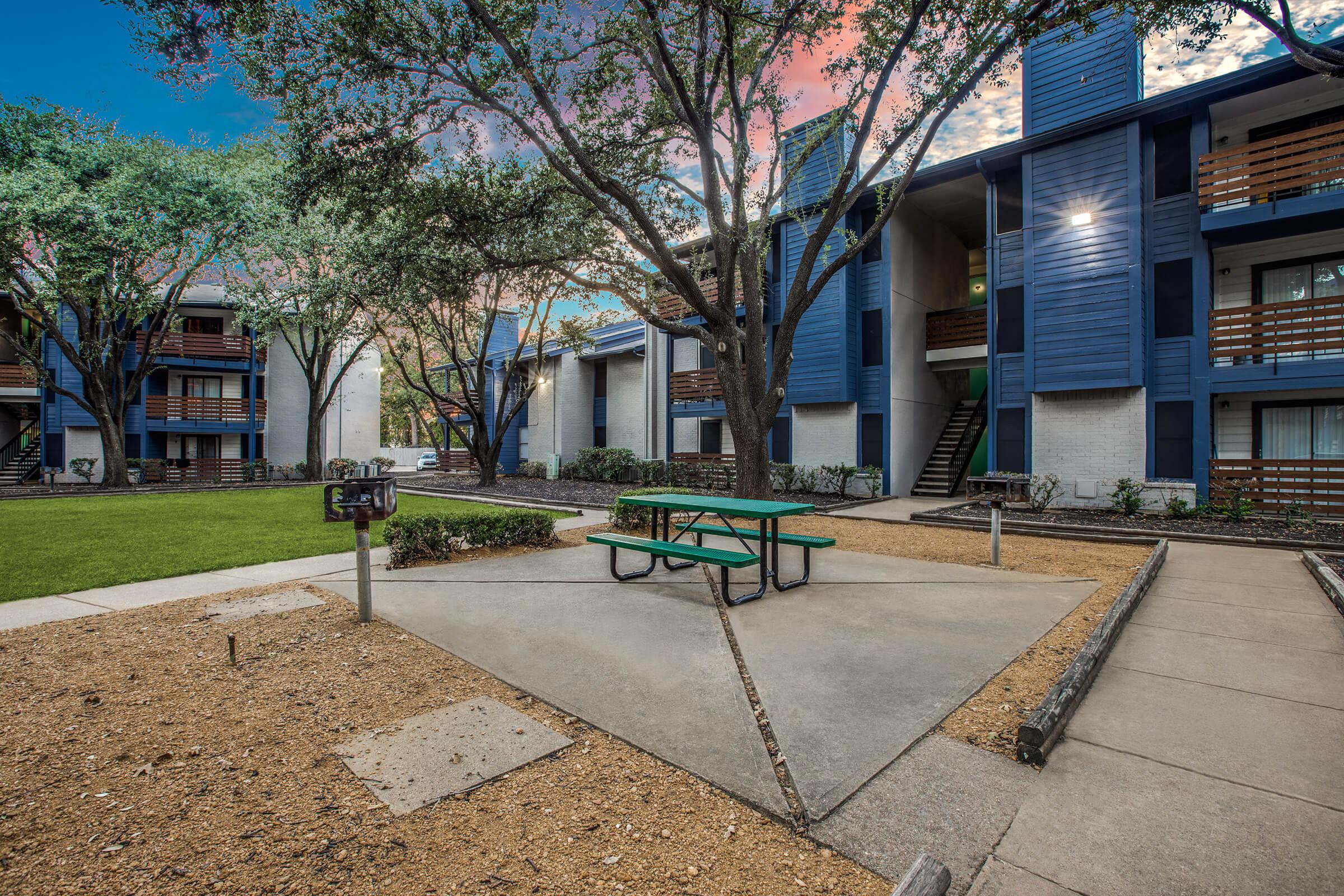 a bench in front of a building