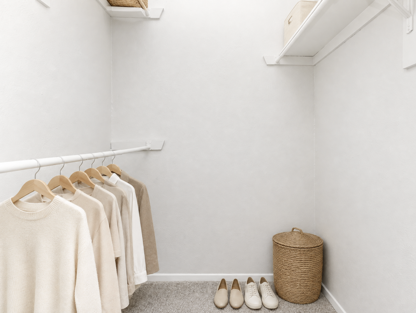 A minimalist closet interior featuring beige clothing hanging on a white rod. There are two shelves above with a basket and a storage box, and the floor has a round woven basket and a pair of shoes, creating a clean and organized look. The walls are painted in a light color, enhancing the bright atmosphere.