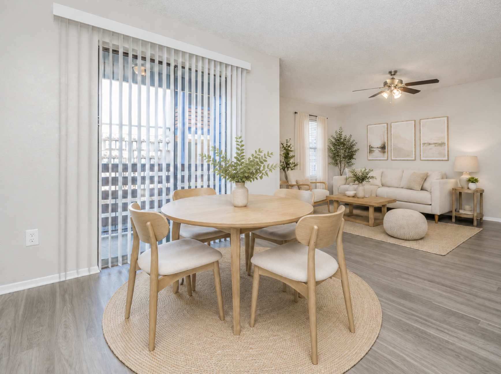A cozy living room with a light color palette featuring a round wooden dining table and four chairs, surrounded by a beige rug. The space includes a comfortable couch, decorative plants, and a ceiling fan. Large sliding glass doors with vertical blinds lead to a balcony. Soft lighting enhances the inviting atmosphere.
