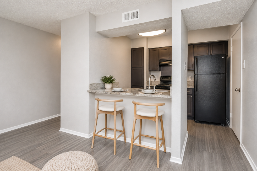 Modern kitchen and dining area featuring a granite countertop with two wooden stools, black appliances, and light gray walls. The space is well-lit, showcasing a minimalist design with a cozy rug on the floor.