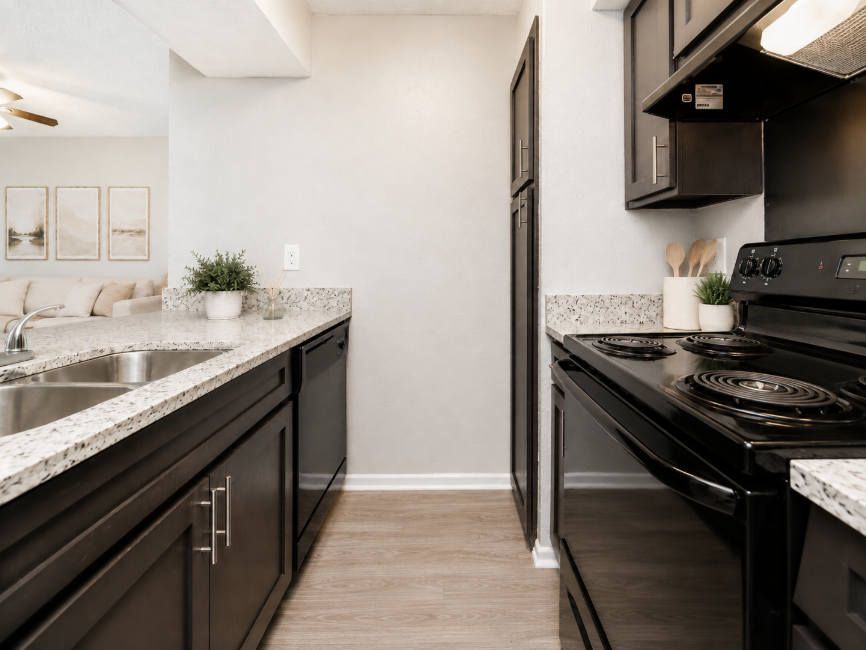 A modern kitchen featuring dark cabinetry, a black stove, and granite countertops. A sink is positioned under a window, and a small plant decorates the countertop. The space is illuminated with soft lighting, and there's a glimpse of a living area in the background, indicating an open floor plan.