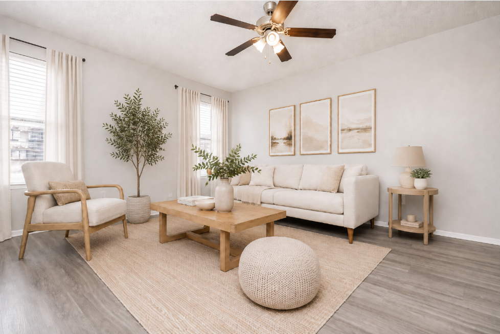 A modern living room featuring a light-colored sofa with beige cushions, a wooden coffee table, and a round pouf. There are decorative plants, a lamp on a side table, and three framed art pieces on the wall. Soft natural light enters through the windows, complementing the neutral color palette.