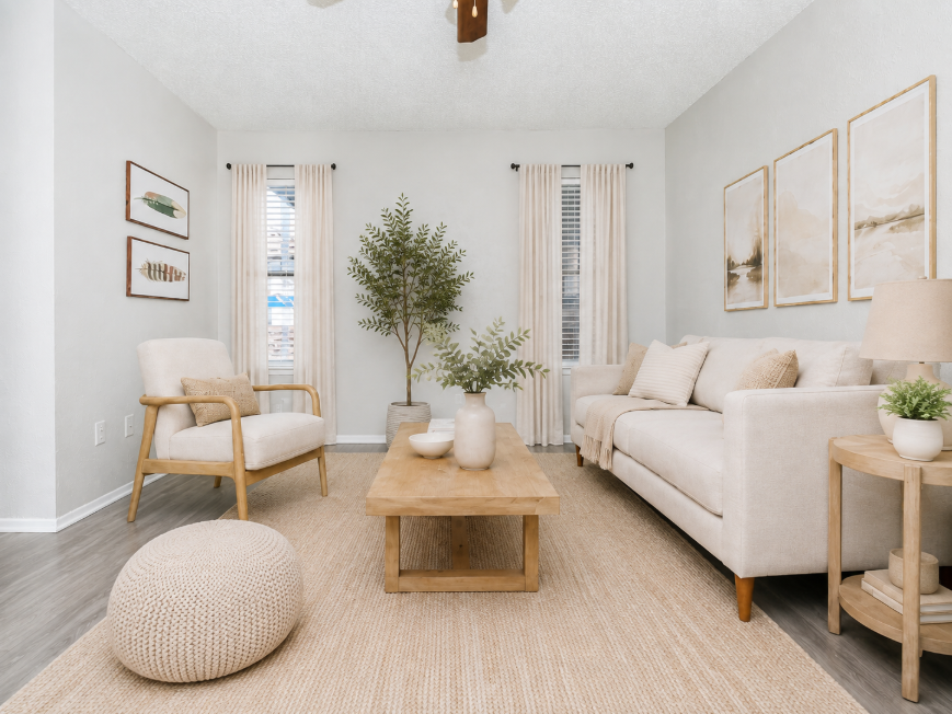 A cozy living room featuring light-colored walls and wooden flooring. The space includes a beige sofa adorned with pillows, a coffee table made of wood, a decorative pouf on the floor, and a large plant. Natural light streams through the windows, and abstract artwork hangs on the walls, enhancing the inviting atmosphere.