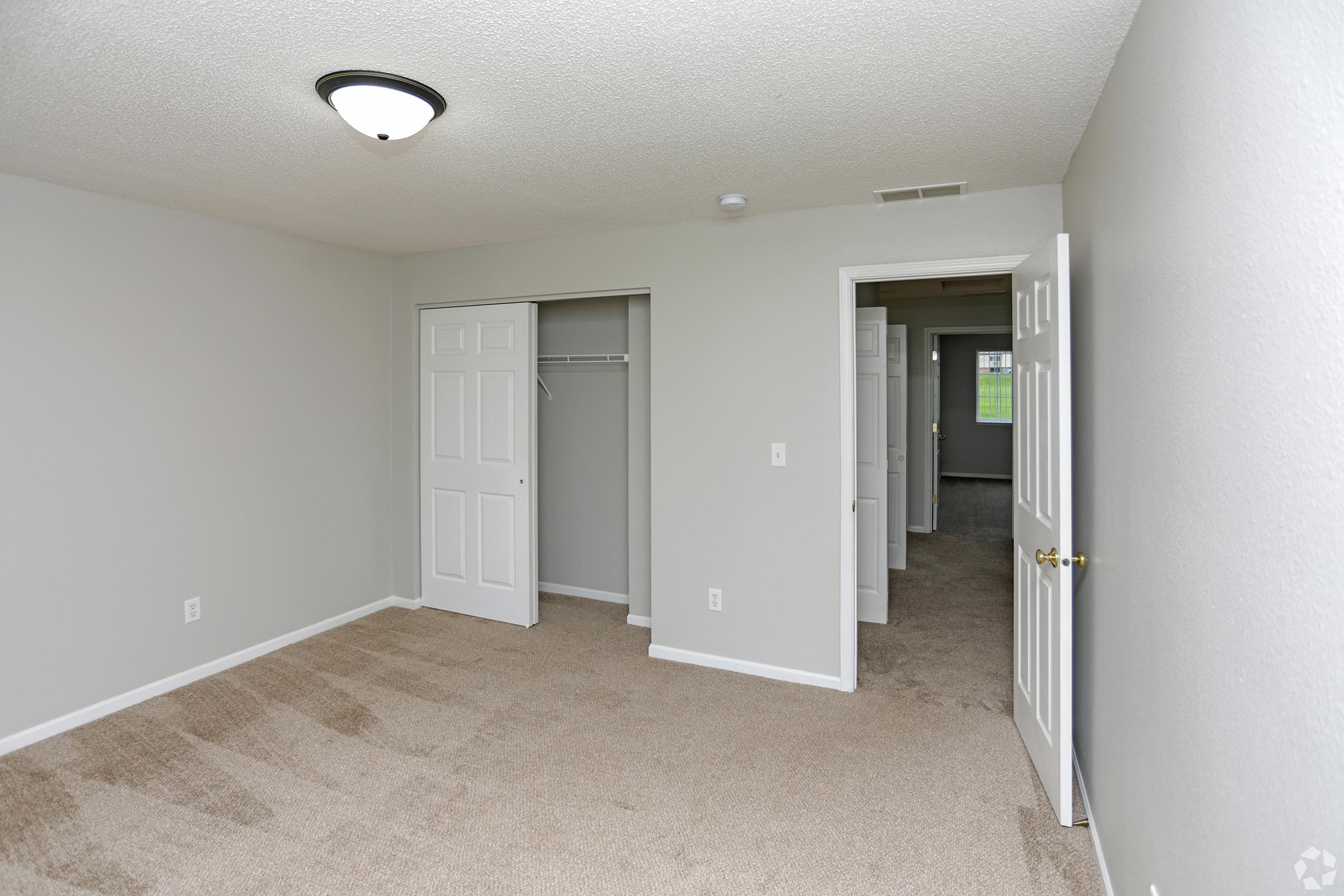 An empty room featuring light gray walls, beige carpet, and a ceiling light fixture. There are two open doors leading to a closet and another room, with natural light visible from the doorway. The space is clean and well-lit, suitable for various uses.