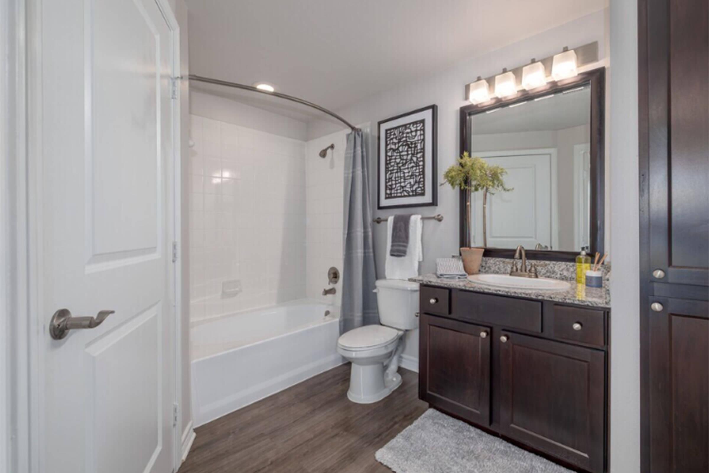 A modern bathroom featuring a white tub with a shower curtain, a dark wood vanity with a granite countertop, a toilet, and a mirror with integrated lighting. The walls are painted light, and there is a small plant on the vanity. The flooring is a dark wood finish for a contemporary look.