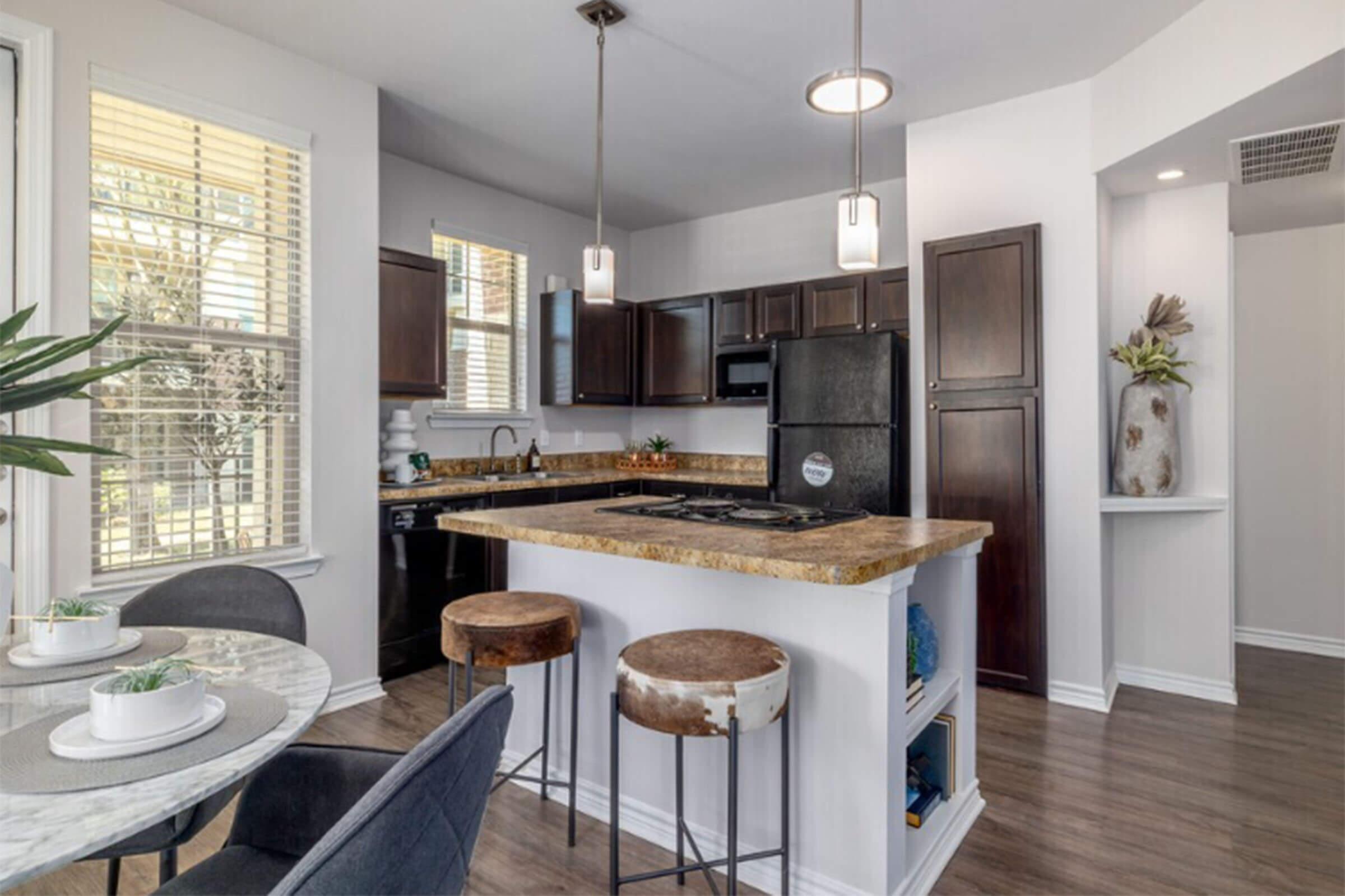 A modern kitchen featuring dark wood cabinetry, a granite countertop with bar seating, stainless steel appliances, and pendant lighting. Light floods in through large windows, enhancing the open space. A stylish dining table sits nearby, adorned with plants and tableware, creating an inviting atmosphere.