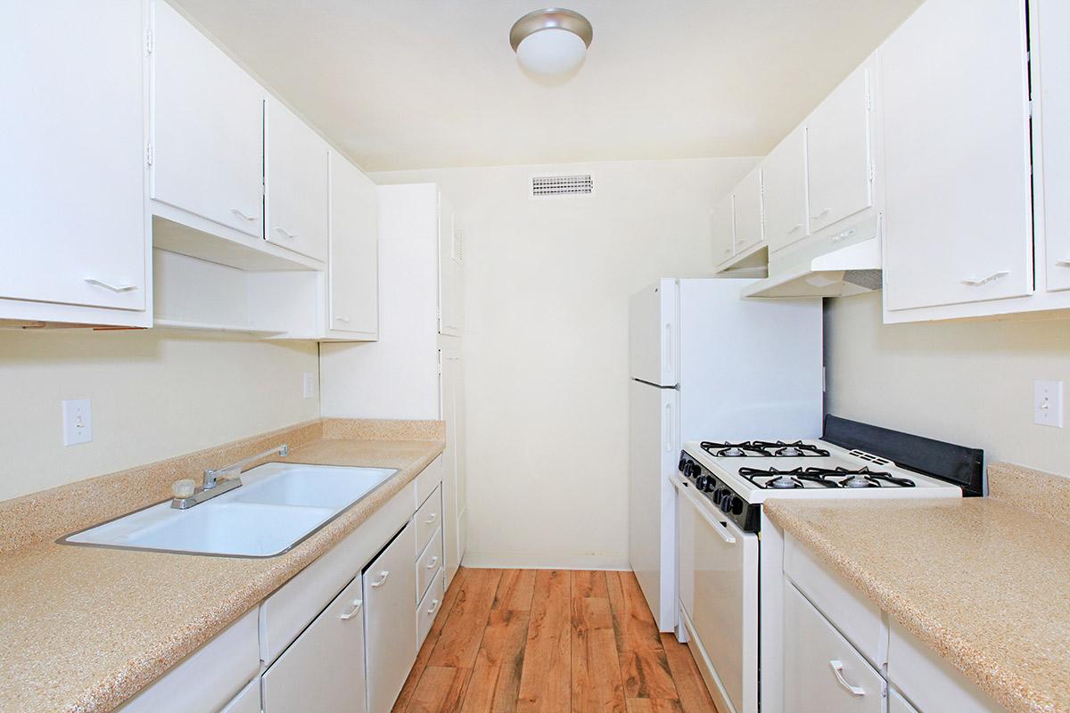 a kitchen with a stove sink and refrigerator