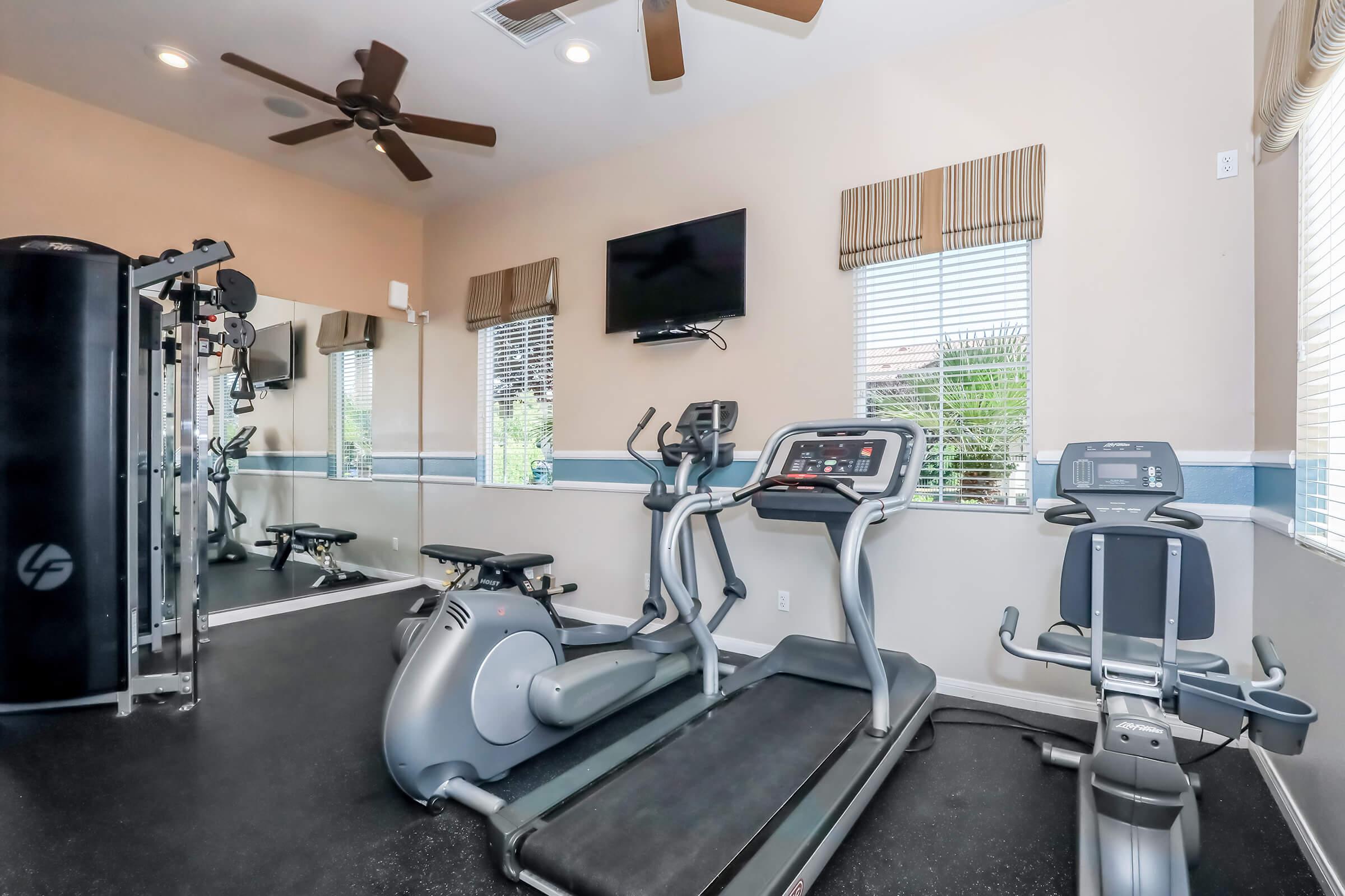 A modern gym interior featuring exercise equipment, including a treadmill, stationary bike, and weight bench. The room has large windows allowing natural light, a ceiling fan, a wall-mounted TV, and mirrors, creating a spacious and well-lit workout environment.
