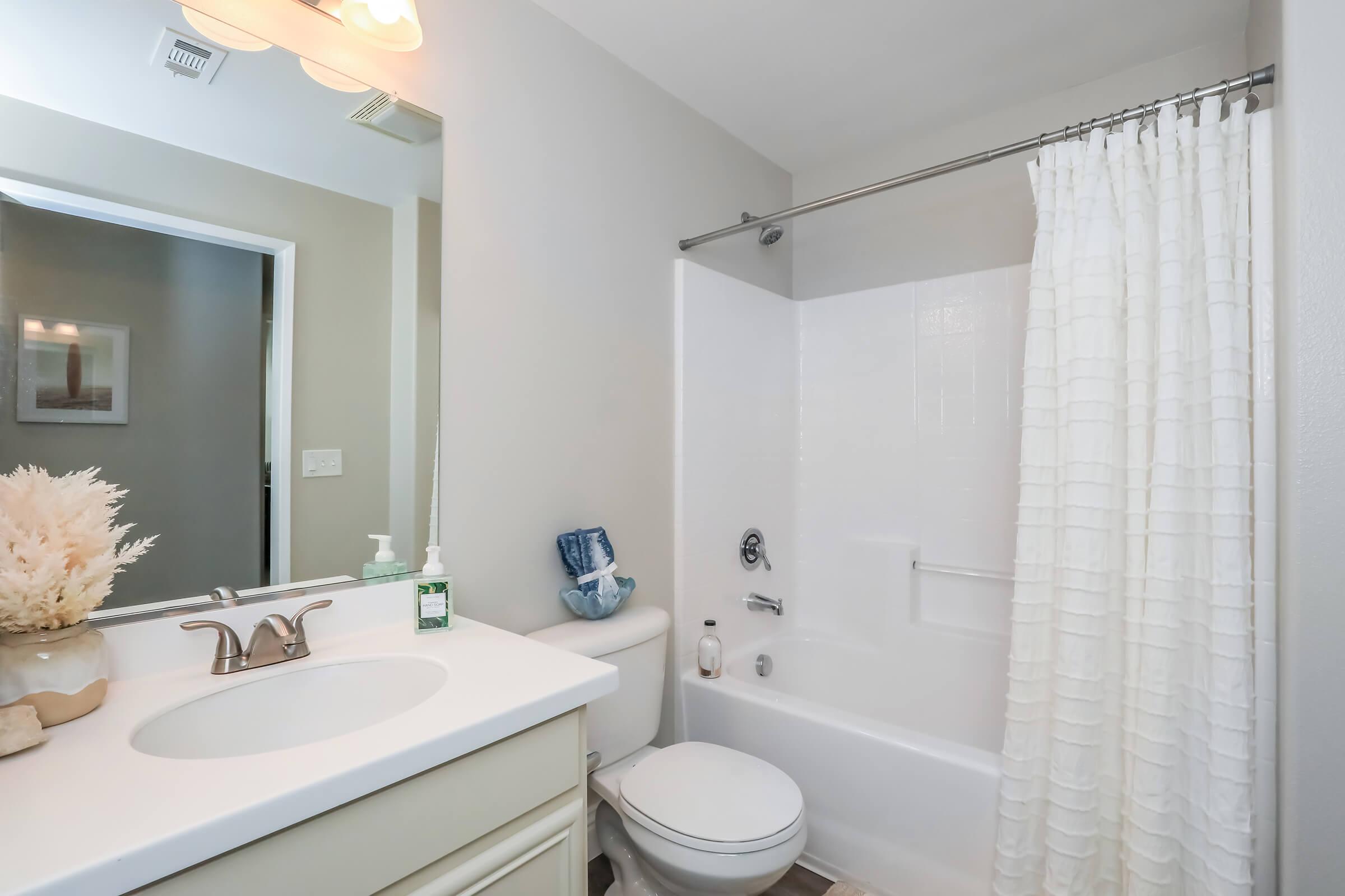 A clean and modern bathroom featuring a white bathtub with a shower curtain, a sink with a faucet, a mirror reflecting the room, and toiletries on the countertop. The walls are painted a soft gray, and a decorative plant is placed near the sink. Natural light filters in from a nearby window.