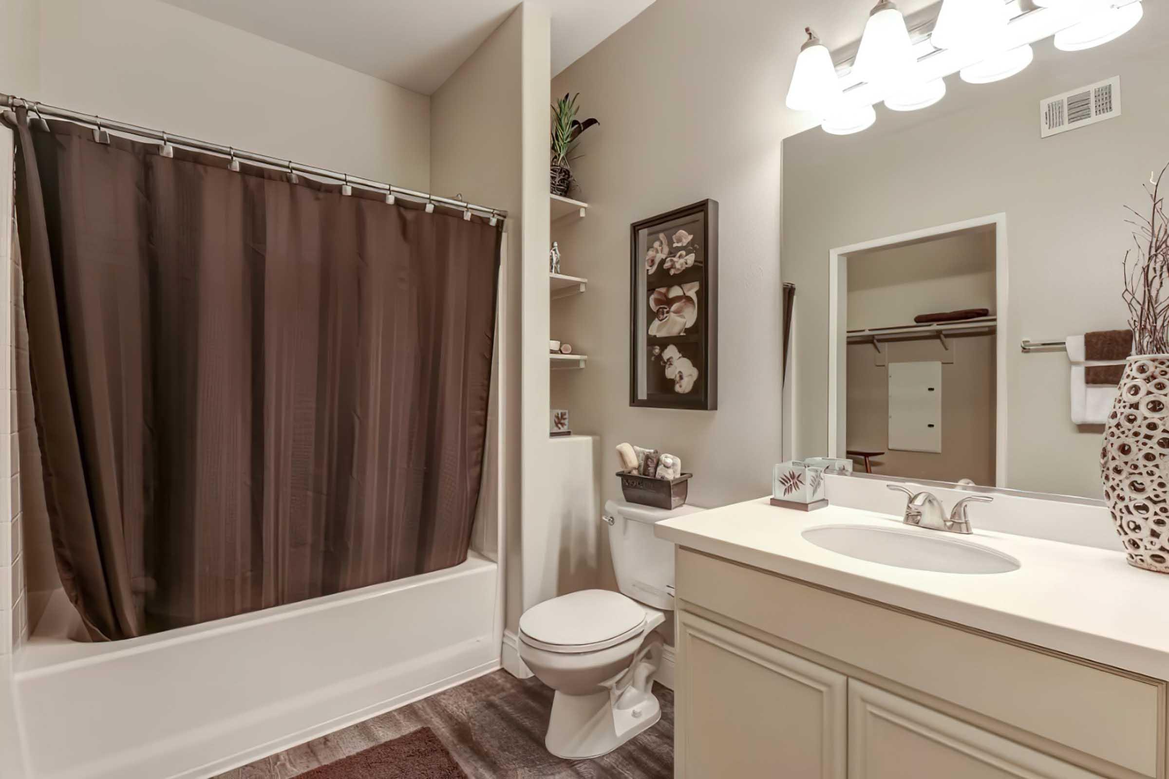 A modern bathroom featuring a bathtub with a brown shower curtain, a white vanity with a sink, and a toilet. The walls are painted in a neutral color, with decorative shelves and a framed picture. Soft lighting comes from a group of overhead lights. A rug is placed on the floor for added comfort.