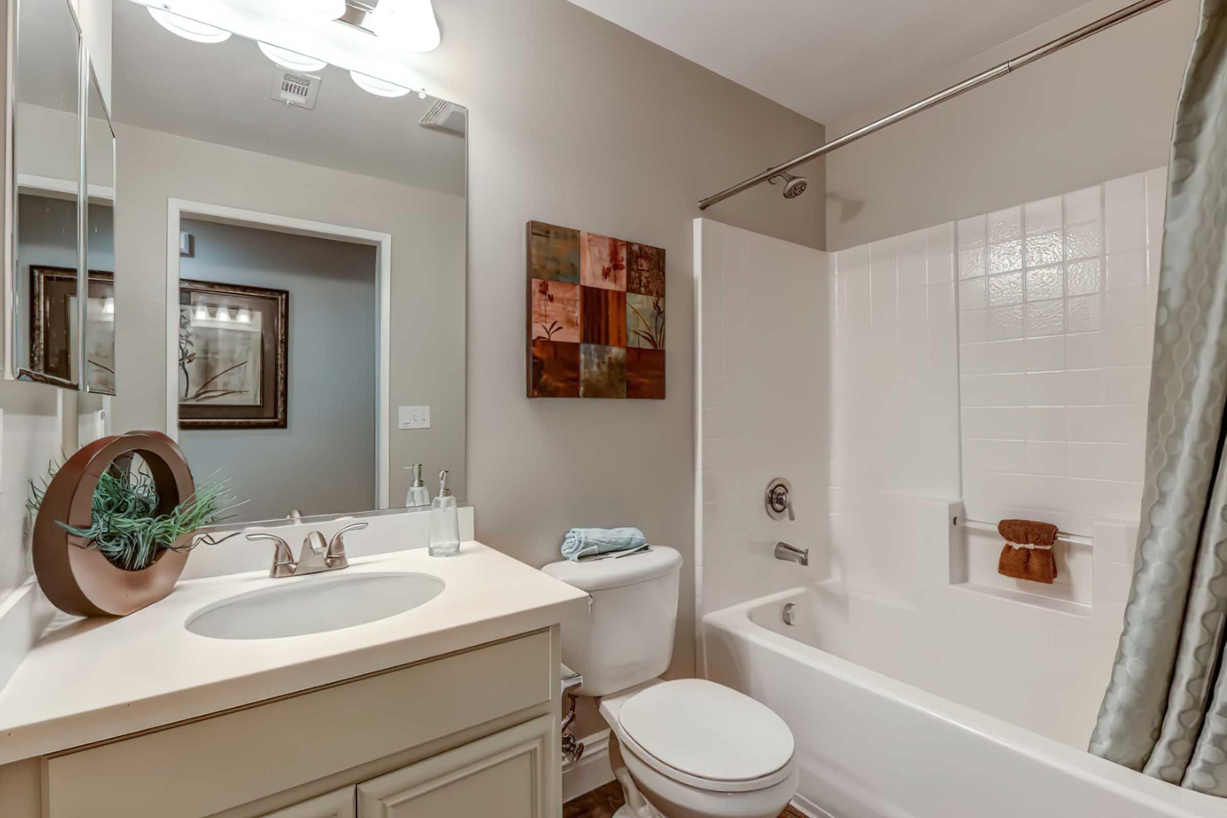 A modern bathroom featuring a white bathtub with a shower curtain, a toilet, and a sink with a beige countertop. Wall art is displayed above the sink, and a decorative bowl sits on the counter with a small plant. Soft lighting is provided by a ceiling fixture. The walls are painted in neutral tones.
