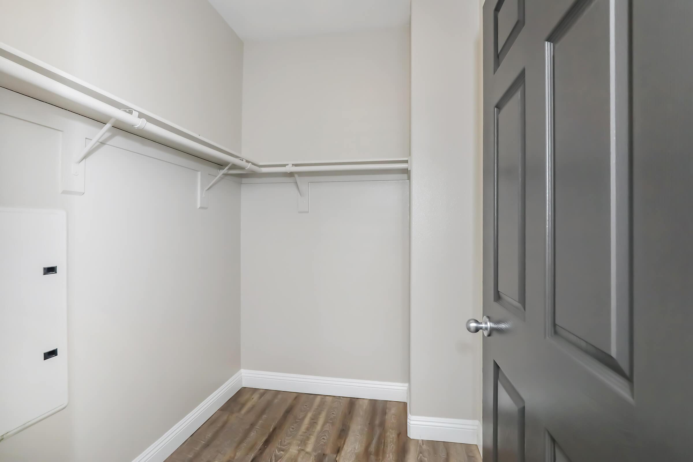 A spacious, empty closet with light-colored walls and wooden flooring. The closet features hanging rods mounted on the walls and a closed dark door, creating a clean and minimalist appearance.