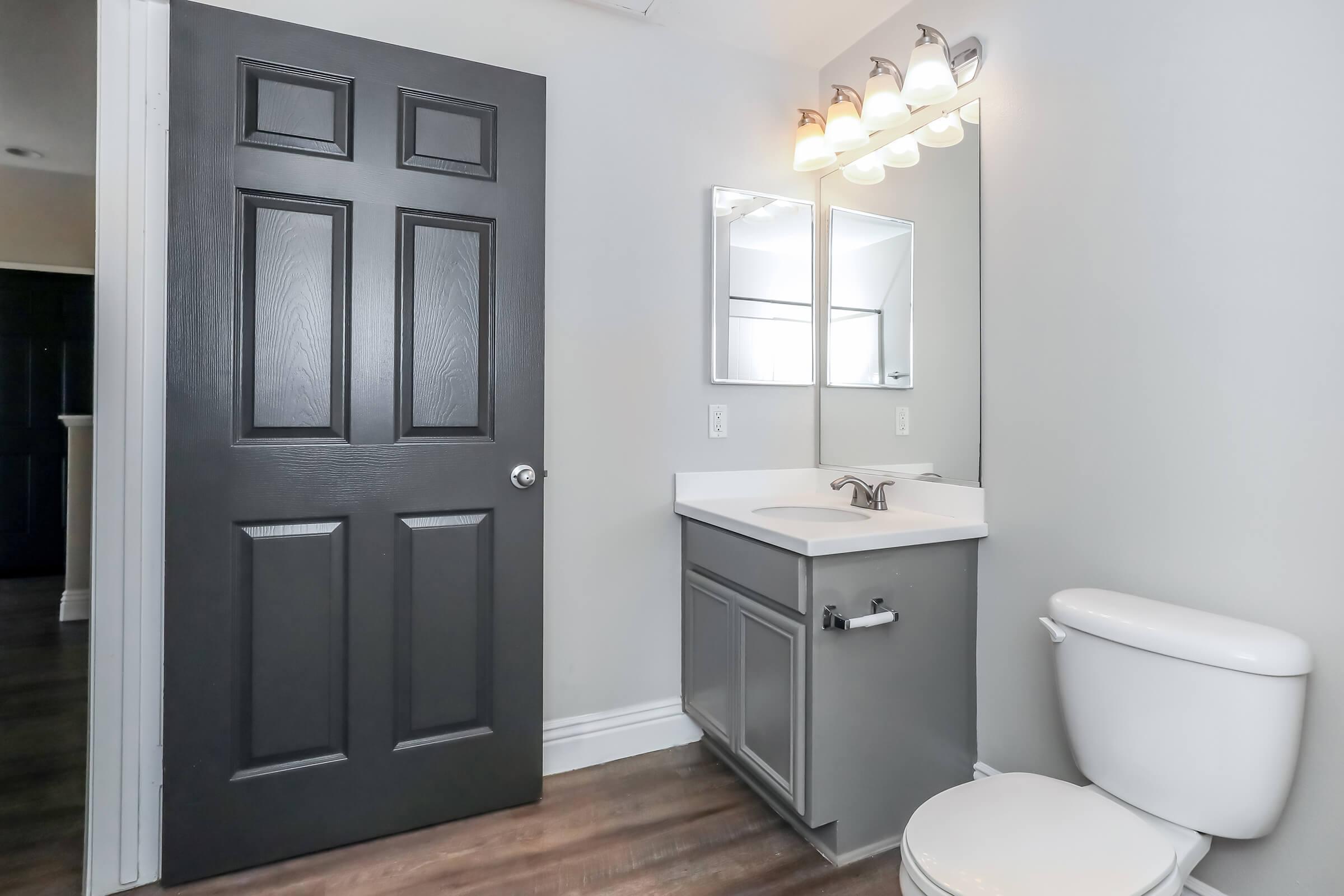 A modern bathroom featuring a dark door, a white sink with a mirror above it, a toilet, and stylish lighting. The walls are painted light gray, and the flooring is dark wood, creating a clean and contemporary look.