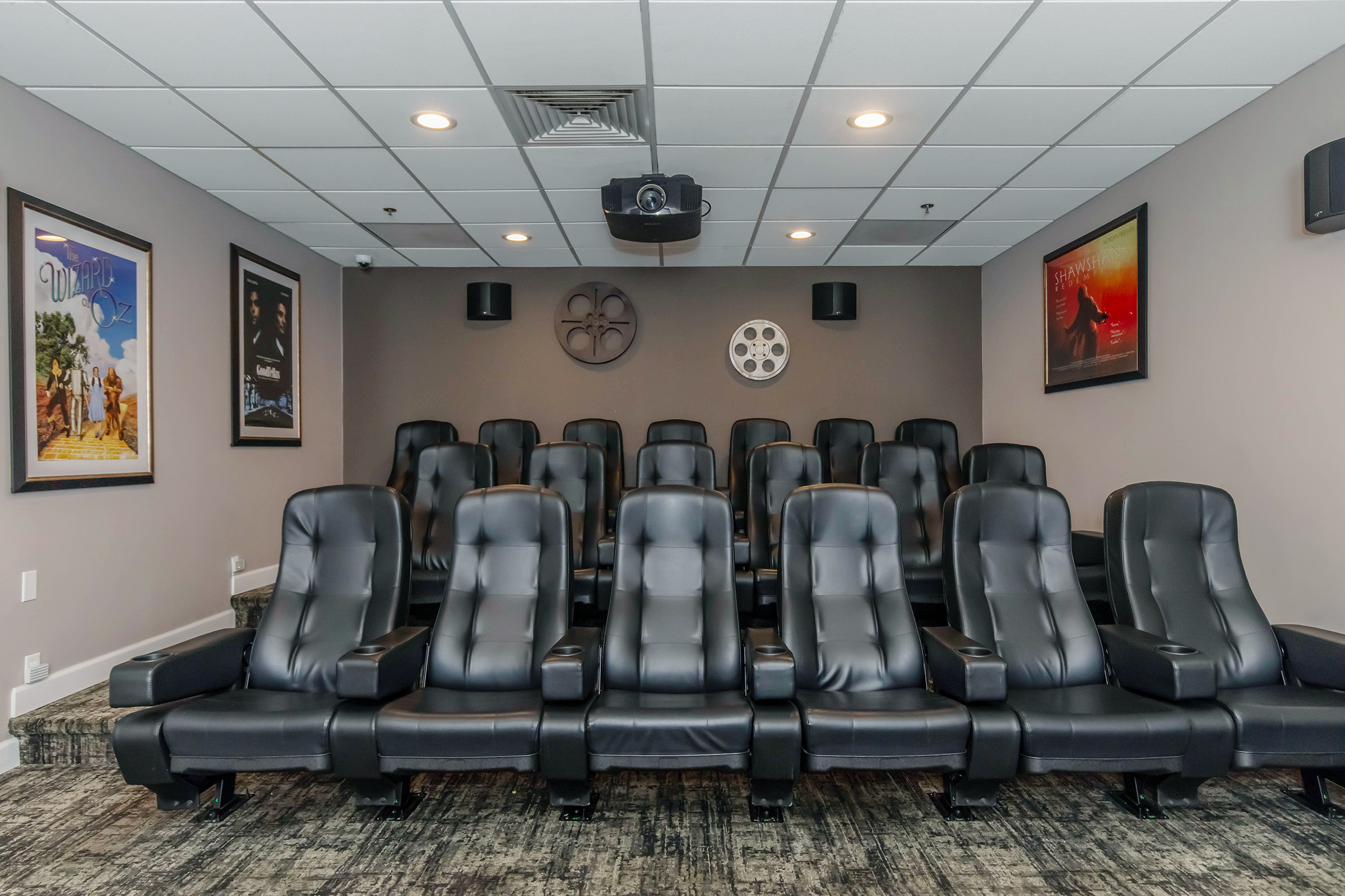 A sleek, modern home theater featuring plush black reclining seats arranged in rows. The walls are adorned with various movie posters, and there's a projector on the ceiling. Soft, muted lighting creates a cozy atmosphere for film viewing.