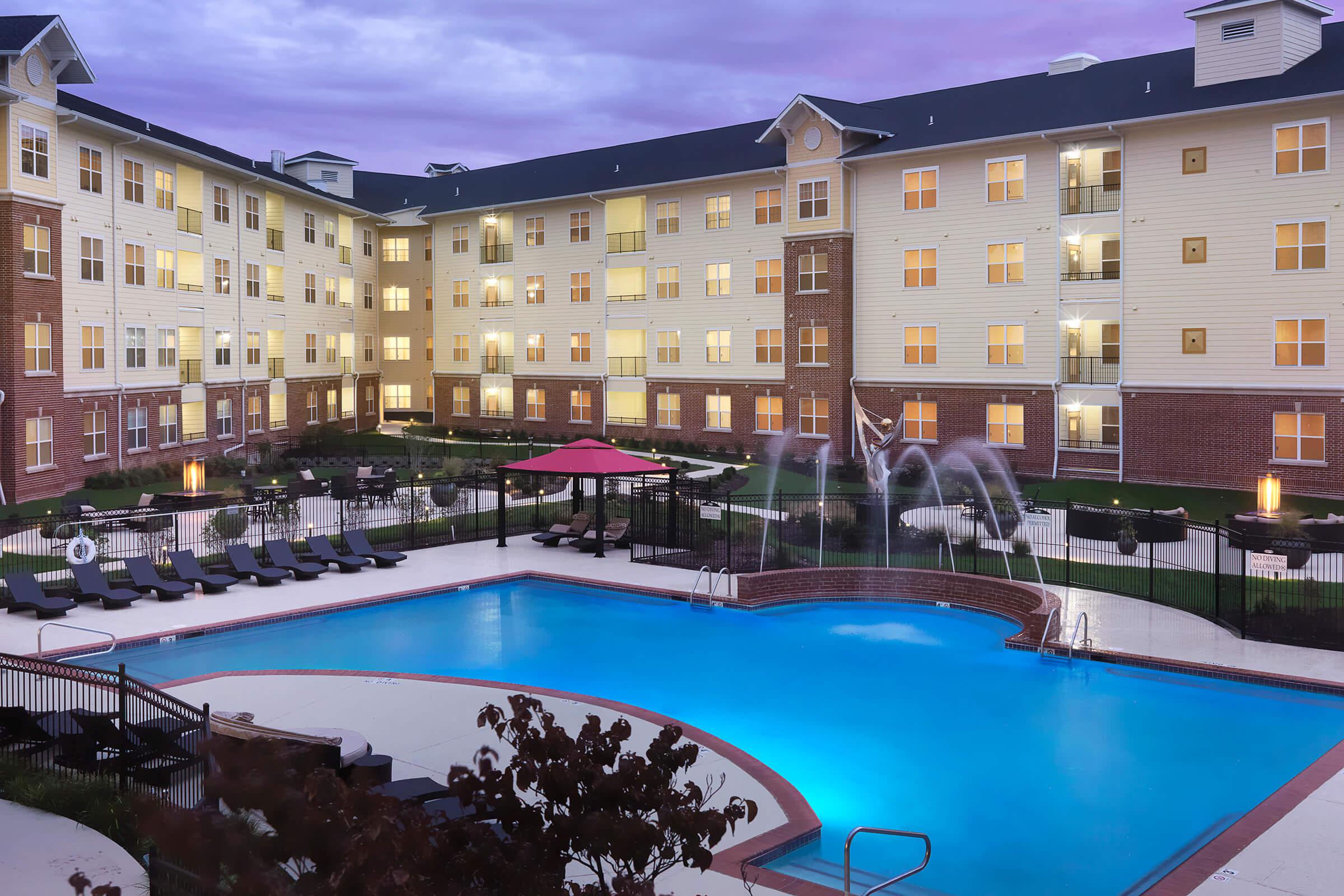 a building with a large pool of water