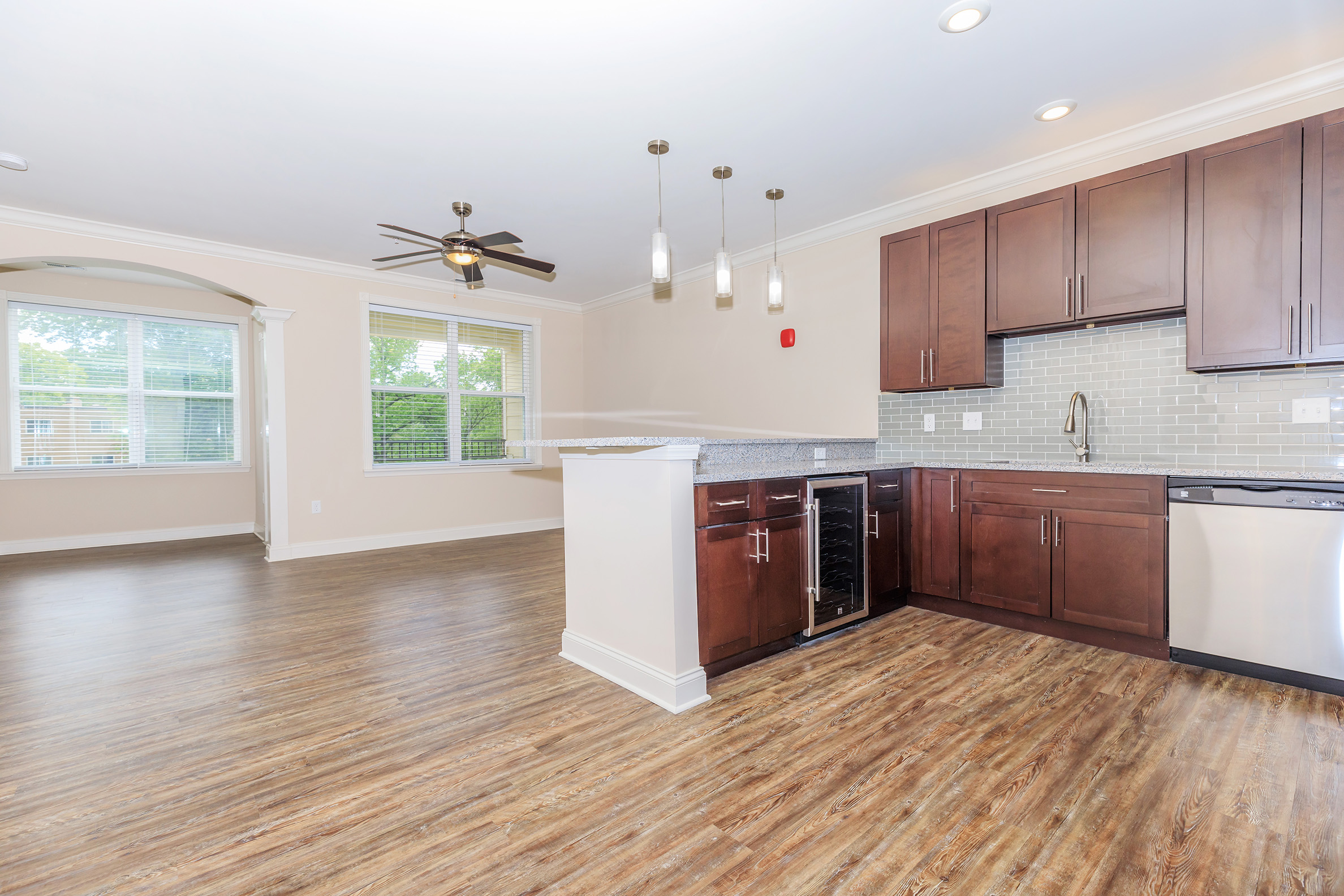 a kitchen with a wood floor