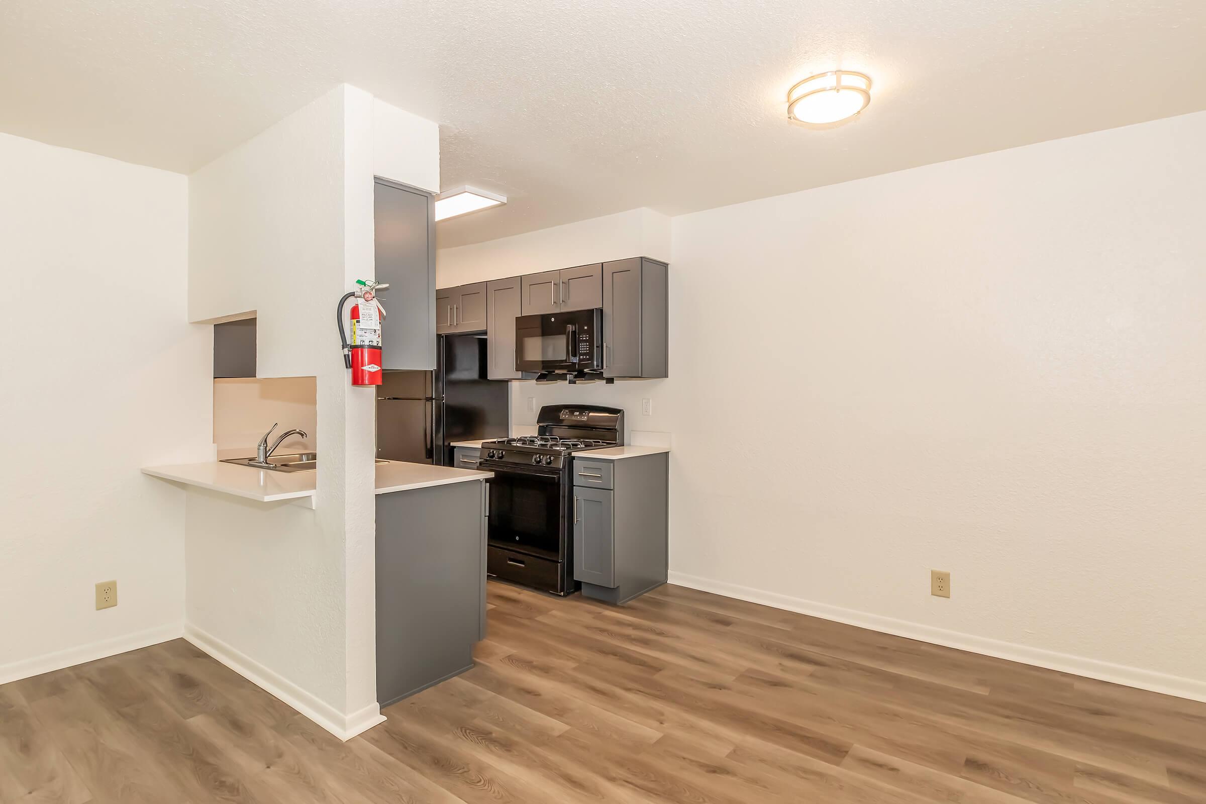 Modern kitchen in a light-colored, open-concept apartment. Features gray cabinets, black appliances including a gas stove and refrigerator, a small bar area with a sink, and a light wood-look flooring. A wall-mounted fire extinguisher is visible. The space is well-lit with a ceiling fixture.