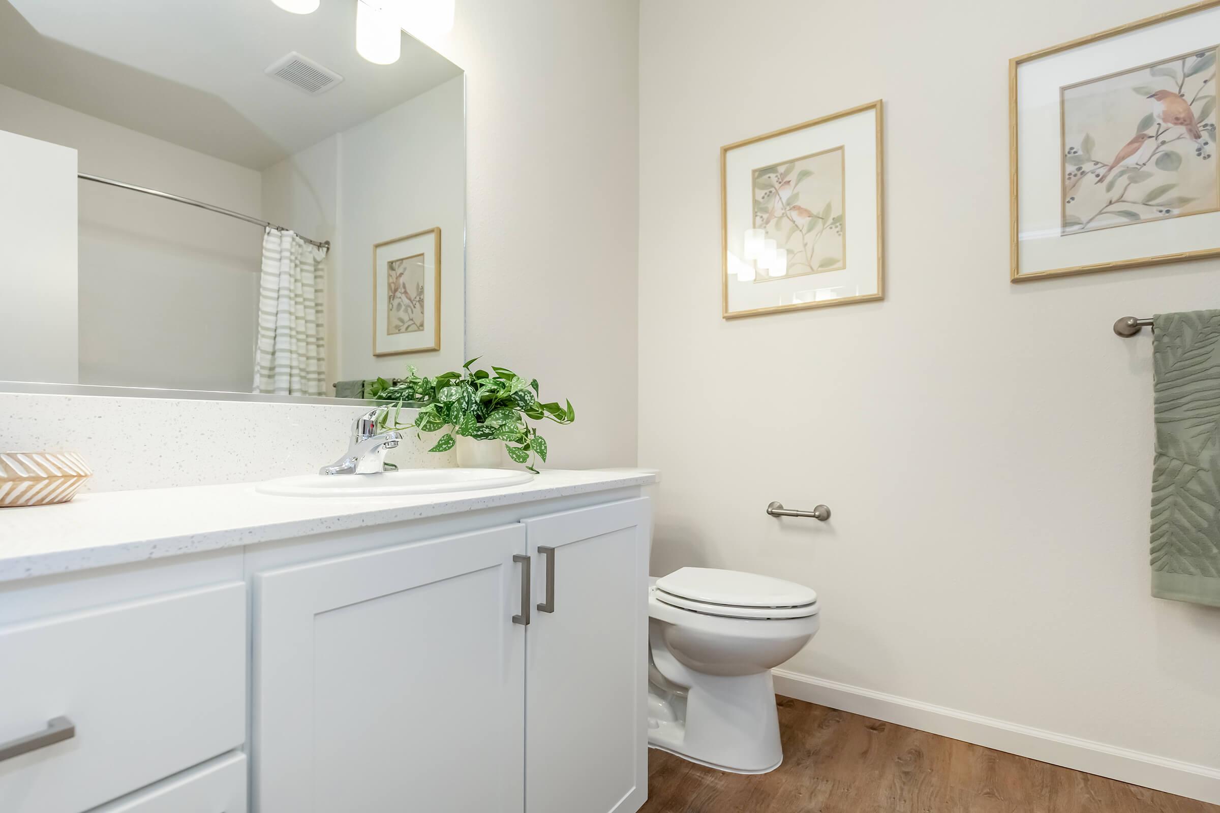A modern bathroom featuring a white cabinet with a sink, a large mirror, and decorative framed art on the walls. There is a shower curtain, a plant on the countertop, a towel rack with a green towel, and a toilet, all contributing to a clean and bright aesthetic.