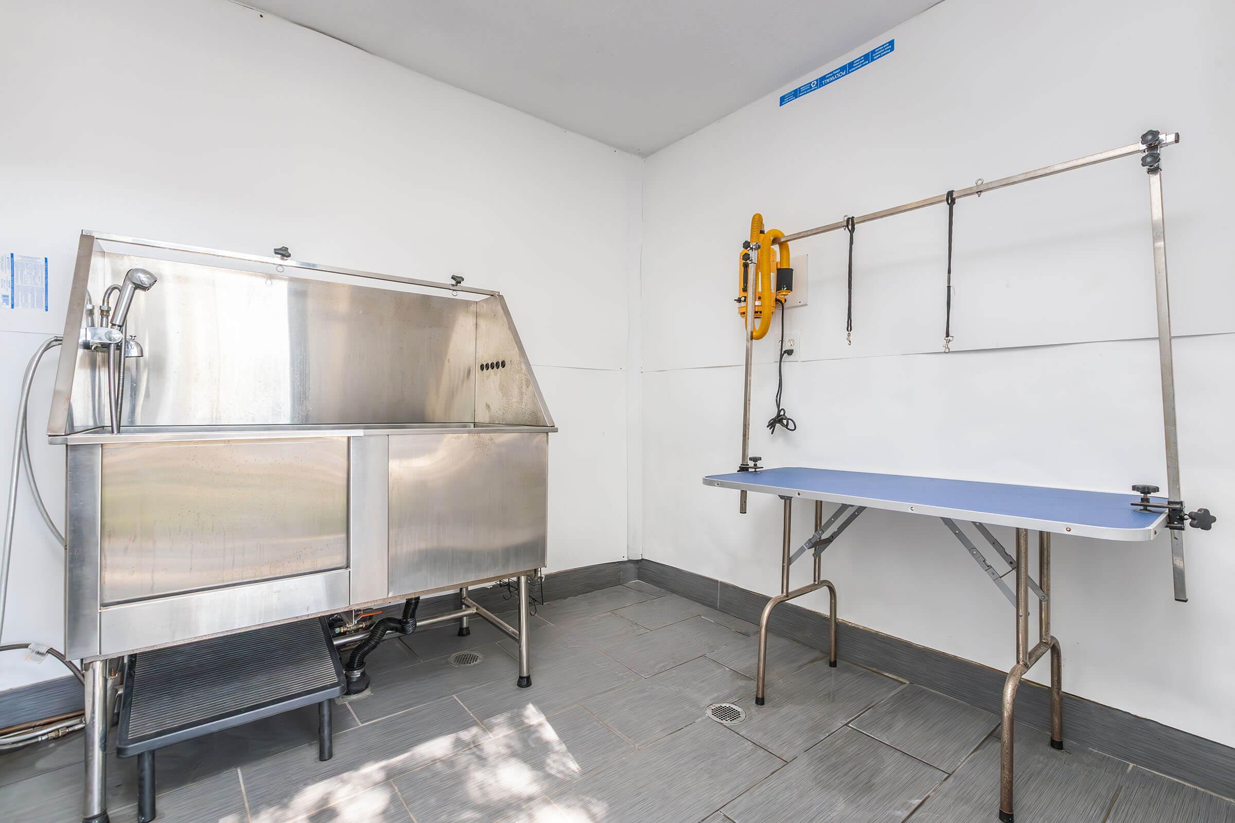 A clean grooming room featuring a stainless steel wash station with a hose and faucet, alongside a folding grooming table. The walls are white, and the floor is tiled. A grooming arm with adjustable hooks is mounted on the wall, providing space for pet grooming activities. Good lighting enhances the workspace.