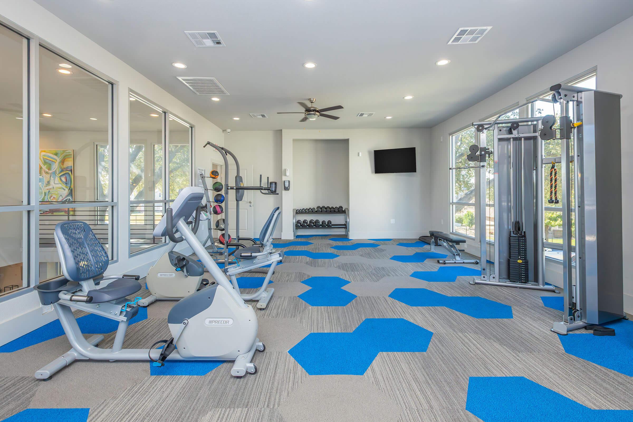 A modern gym interior featuring exercise machines and weights, with a spacious layout. The floor has blue hexagonal patterns on a light-colored surface, and large windows provide natural light. A television is mounted on the wall, enhancing the workout environment.