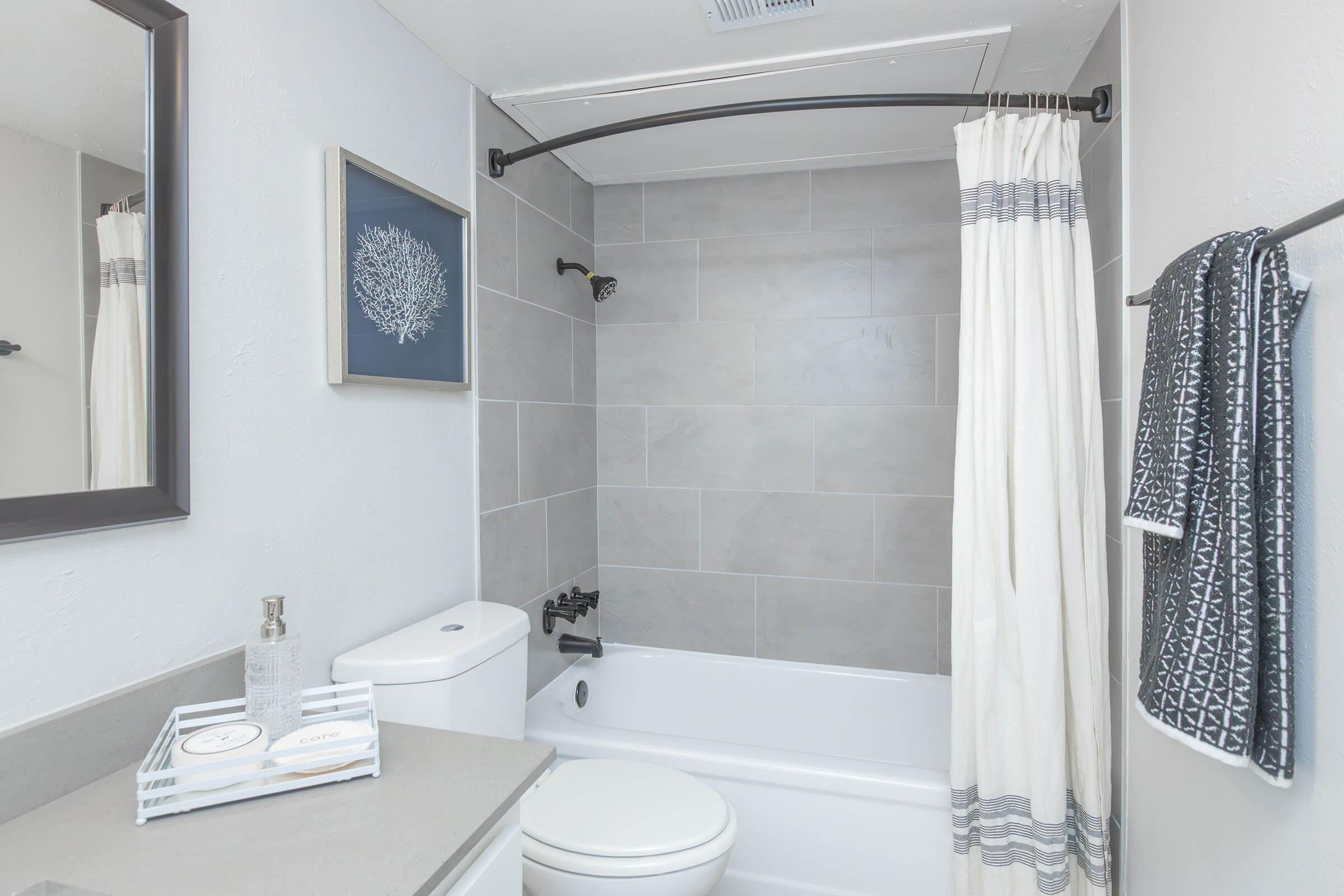 A modern bathroom featuring a bathtub with a shower, light-gray tiled walls, a white toilet, and a gray countertop. There are decorative elements including a framed wall art, a black-and-white patterned towel, and a clear soap dispenser on a tray. The overall design is clean and minimalistic.