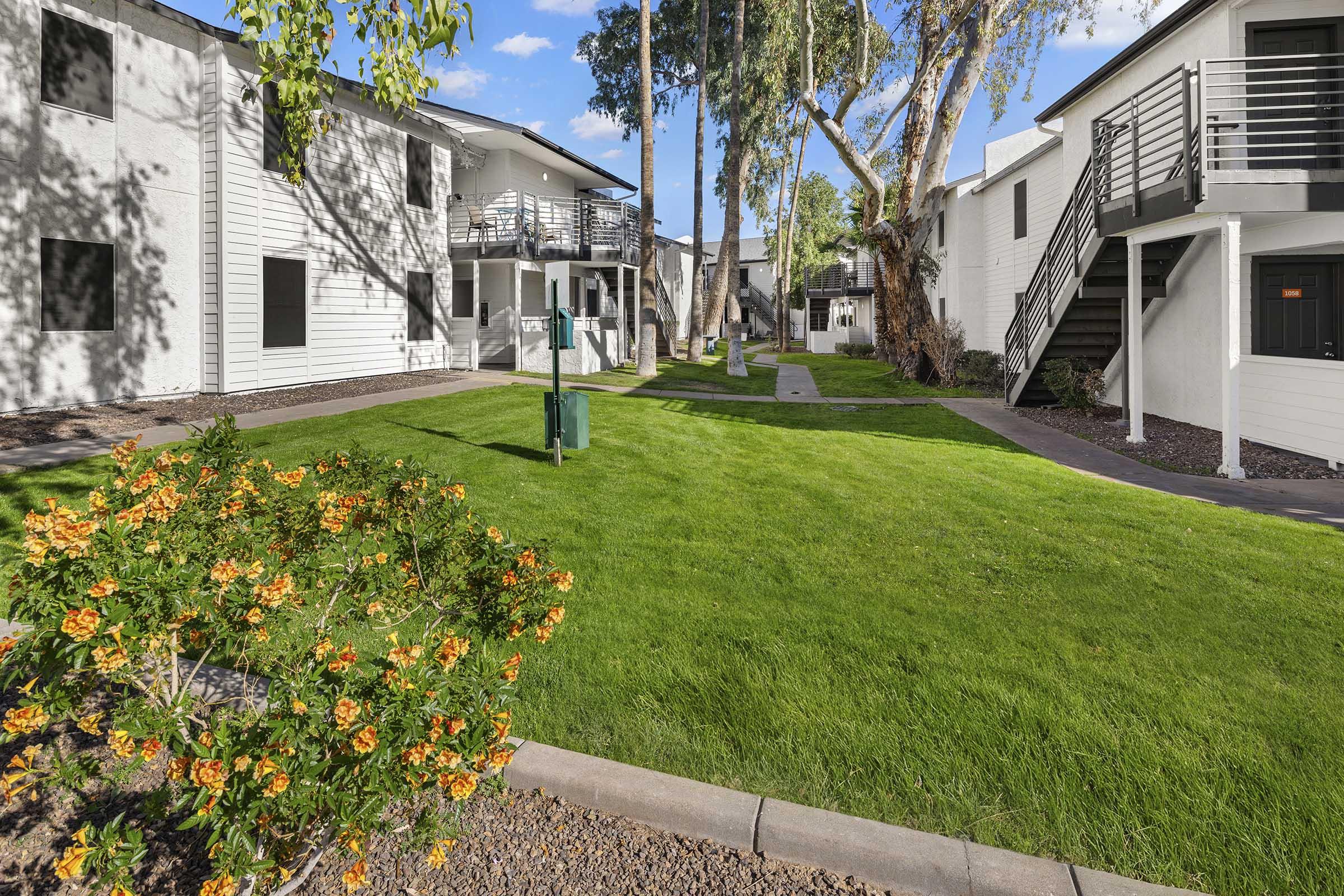 A view of a landscaped courtyard featuring green grass and flowering orange plants. In the background, there are two buildings with modern architecture, balconies, and staircases. Trees provide shade, and the path is lined with gravel, creating a welcoming outdoor space.