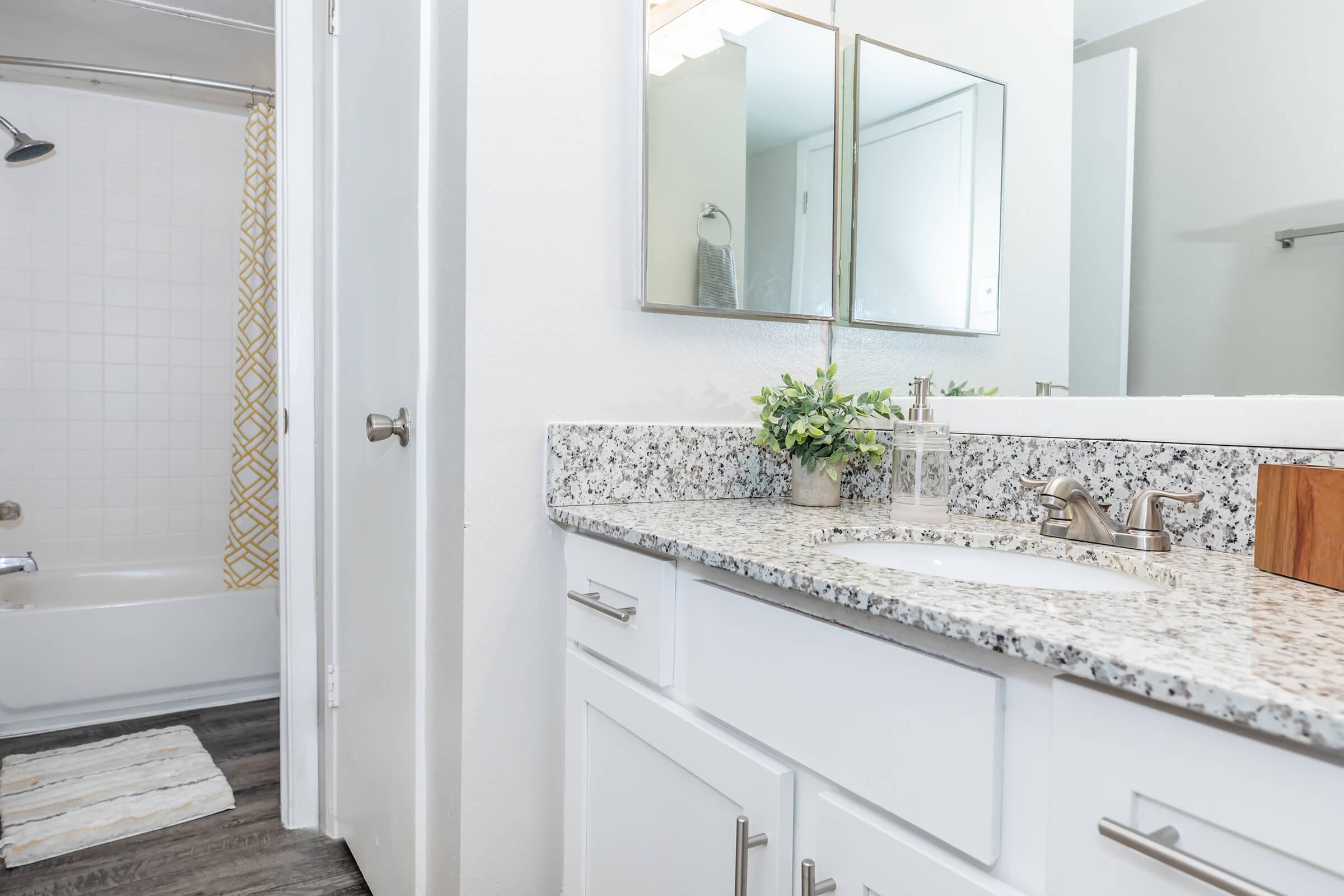 a kitchen with a sink and a mirror