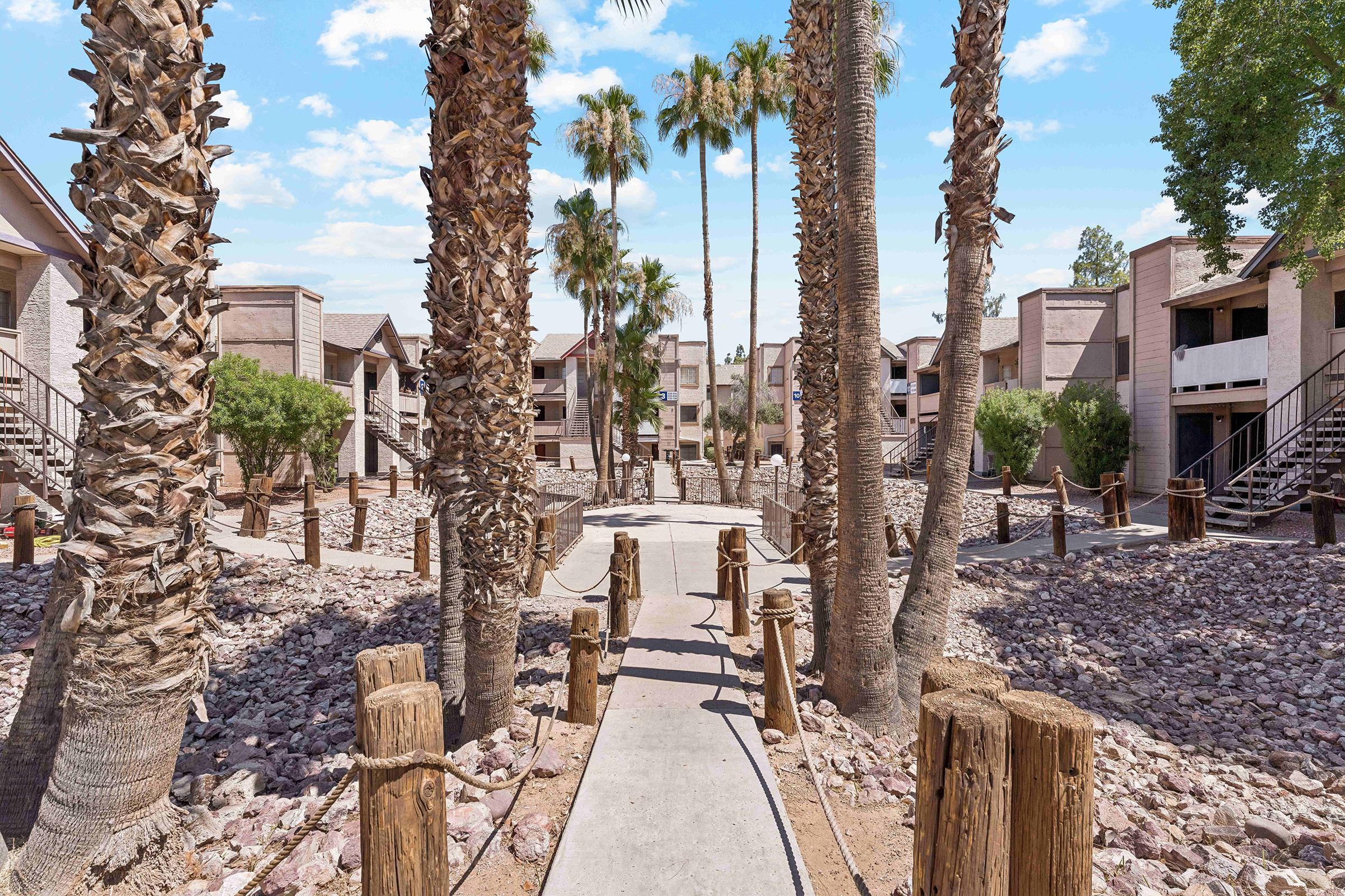 A view of a residential complex featuring palm trees and landscaped pathways. The scene includes multiple buildings arranged around a central area, with rocky landscaping and wooden posts lining the path. The sky is clear and bright, enhancing the inviting atmosphere of the outdoor space.