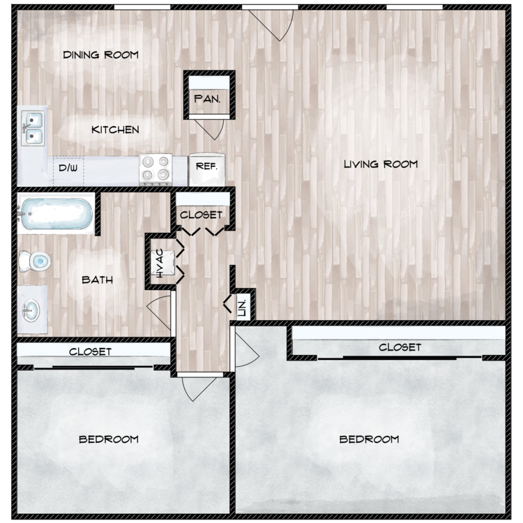 2 Bed 1 Bath floor plan image