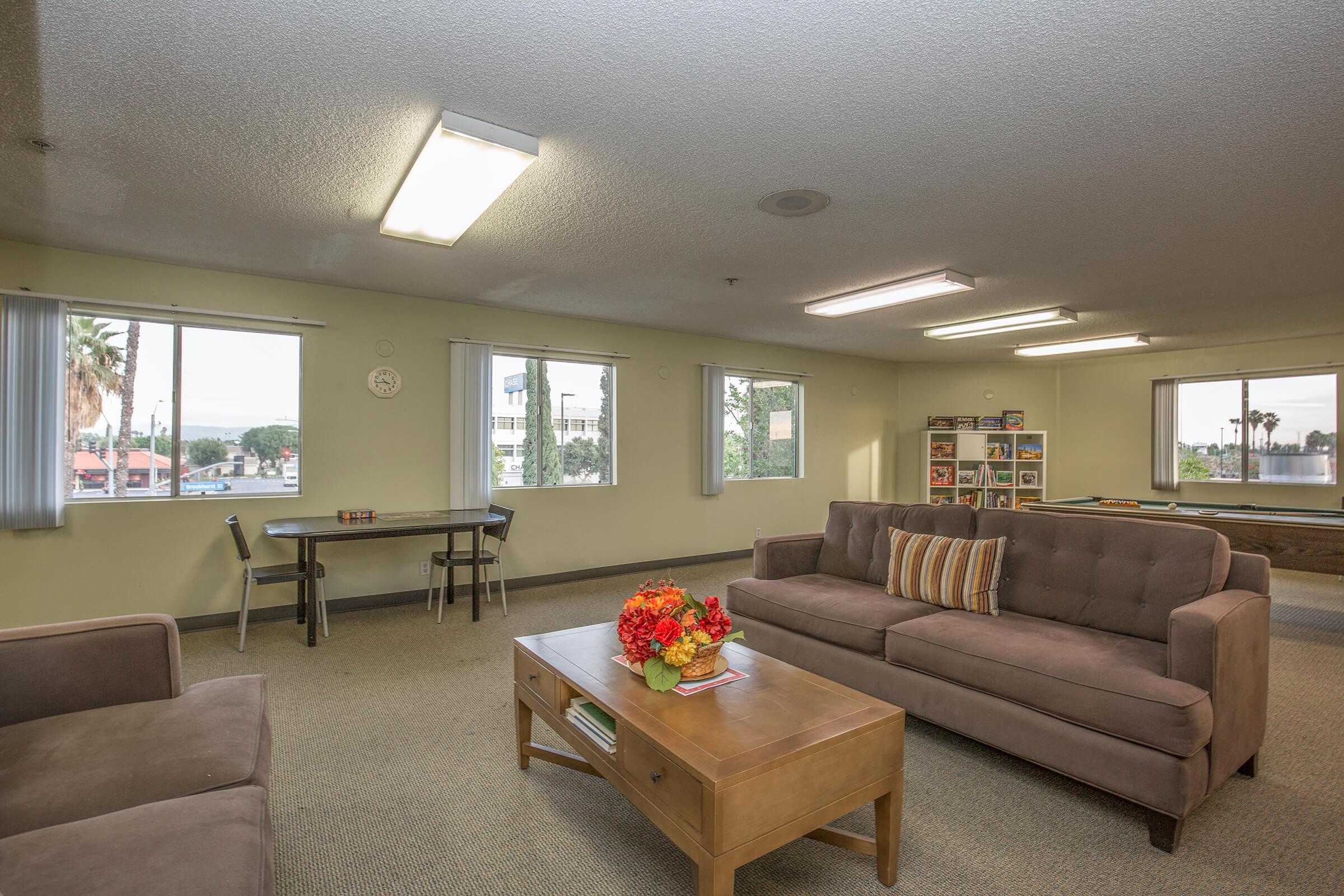 Community room with brown couches