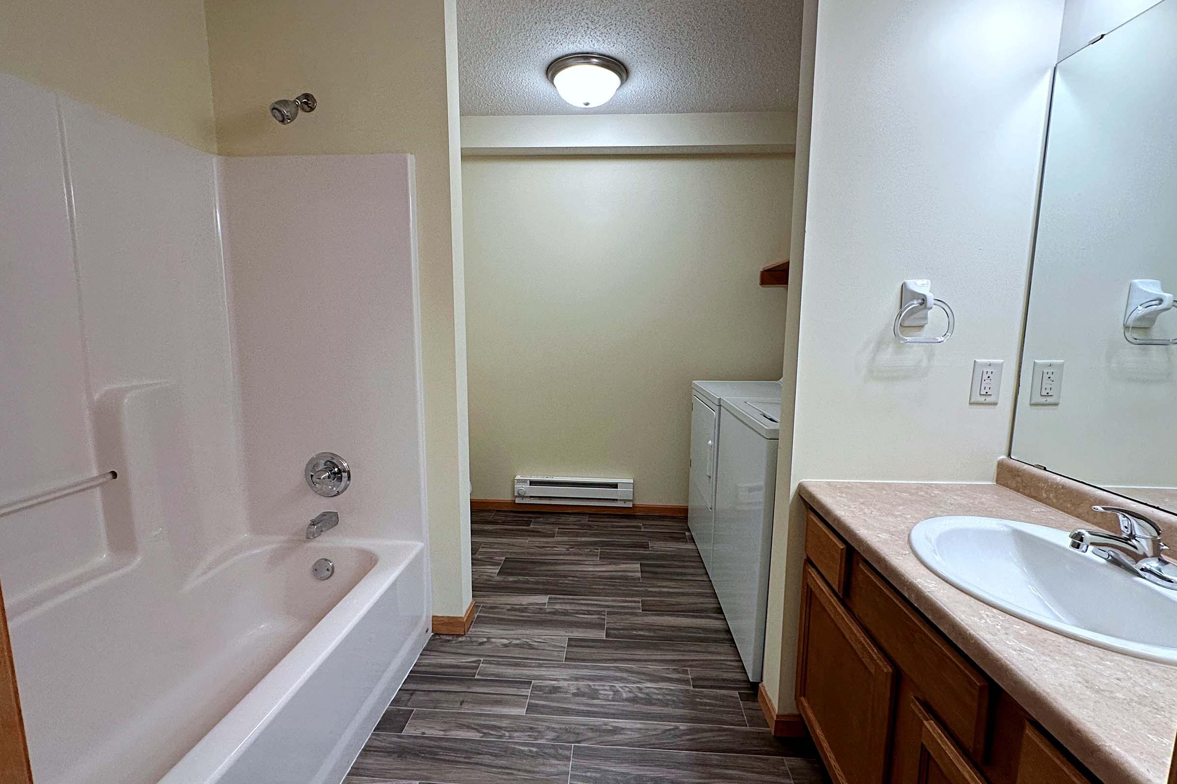 a shower that has a sink and a mirror