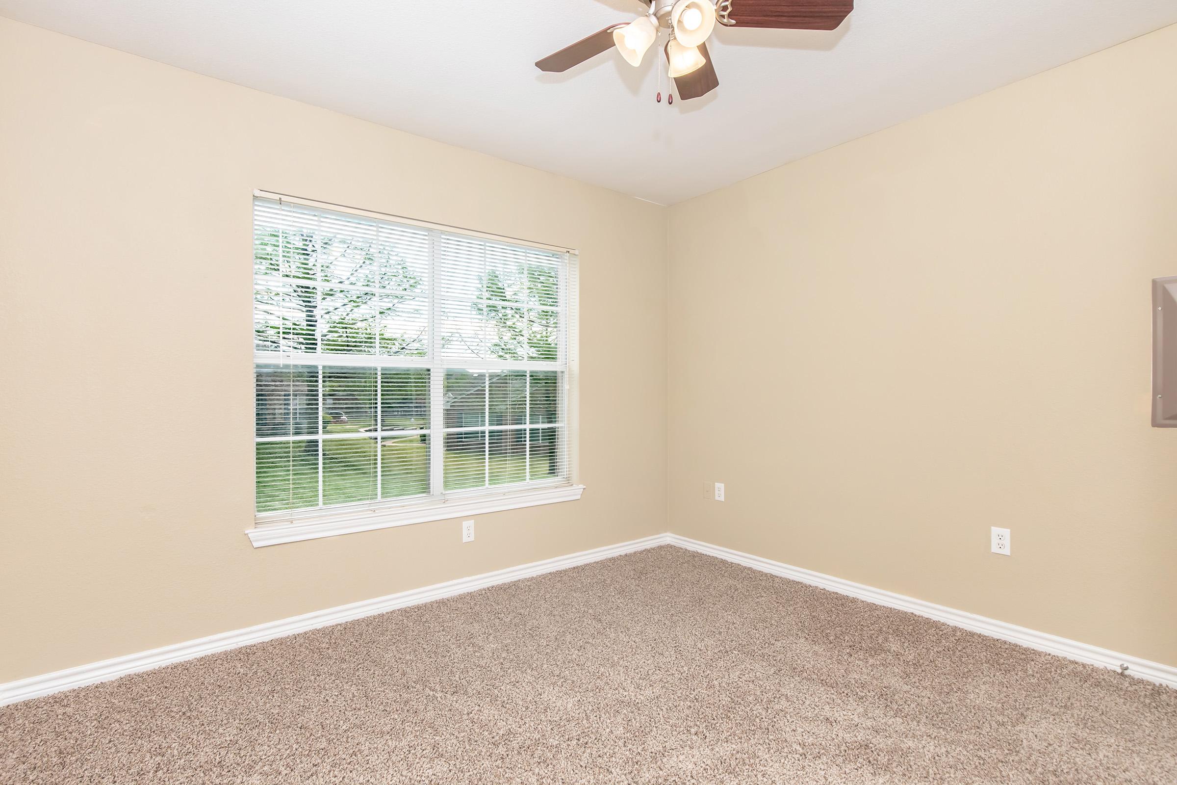 Empty room with light beige walls and carpet. A ceiling fan with light is visible. There’s a large window with multiple panes allowing natural light in, showcasing greenery outside. The space is well-lit and tidy, suitable for various uses like a bedroom or office.