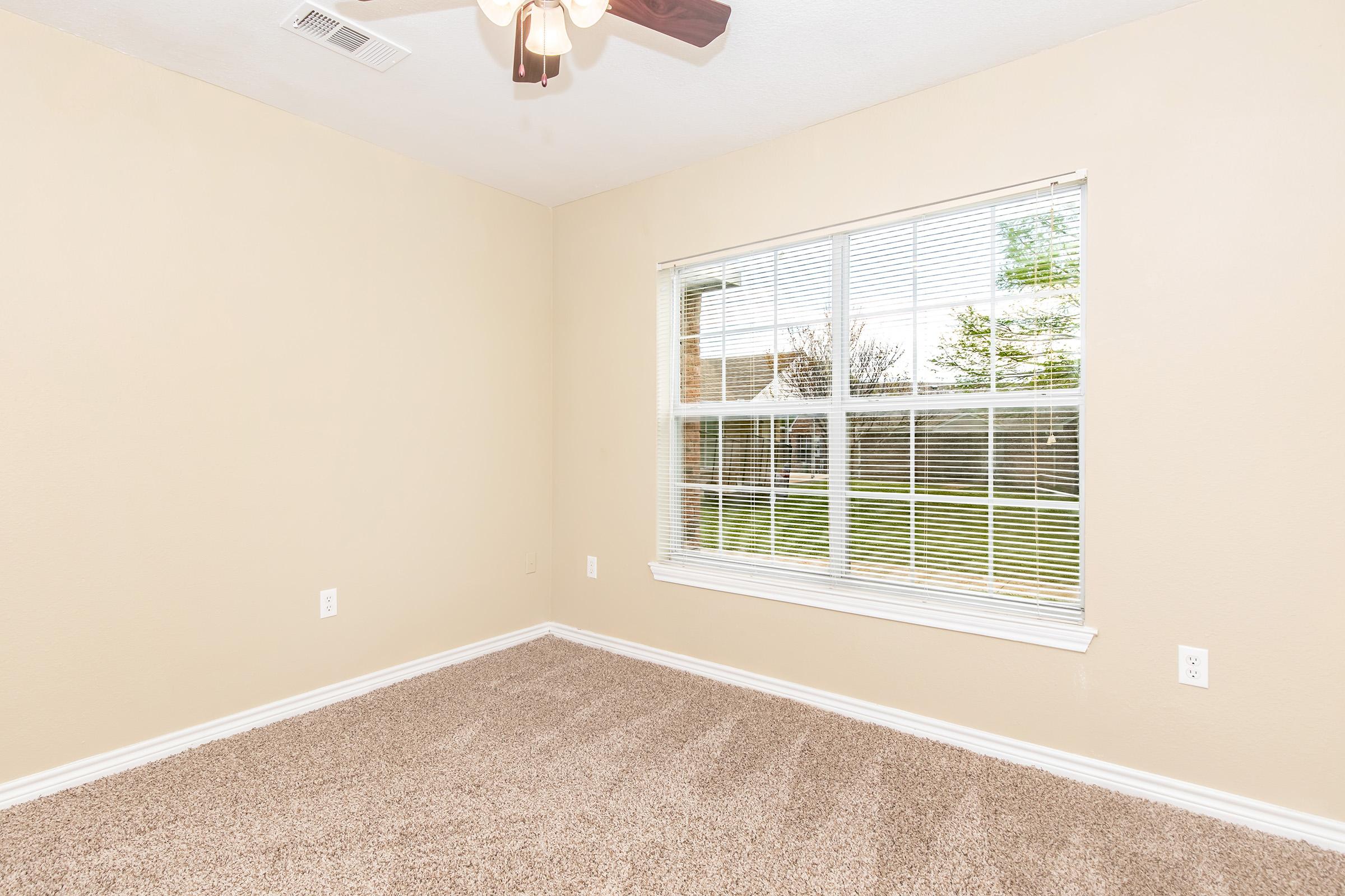 A bright, empty room with beige walls and plush carpet. A large window with white blinds allows natural light to enter, revealing a view of greenery outside. The ceiling features a ceiling fan, and the space appears clean and ready for furniture.