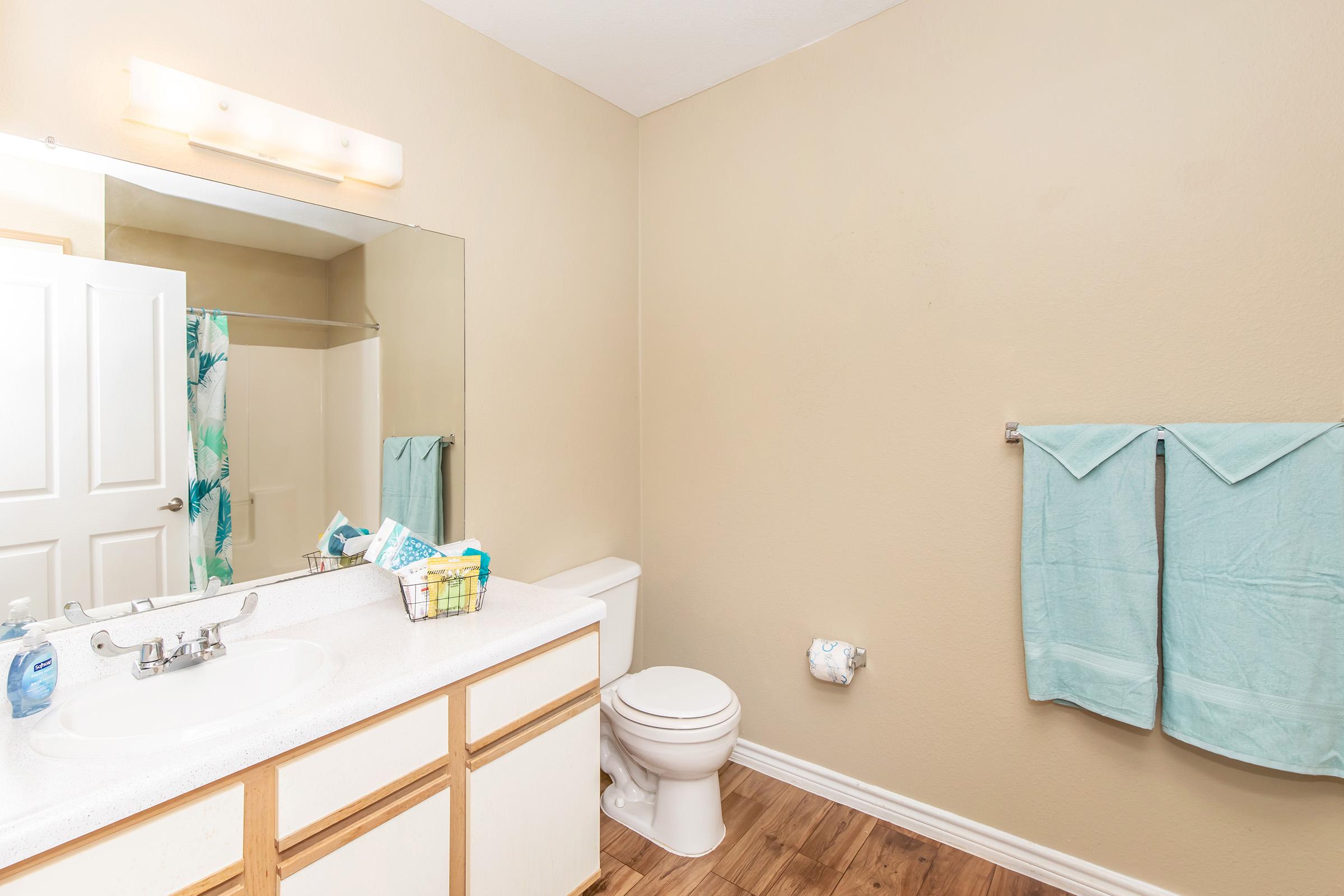 A clean, well-lit bathroom featuring a white countertop with a sink, a large mirror above, a toilet, and two light blue towels hanging on a rack. A shower curtain in the background adds a splash of color, while a small basket with bathroom essentials is placed near the sink on the countertop. The floor is finished with wood-like tiles.