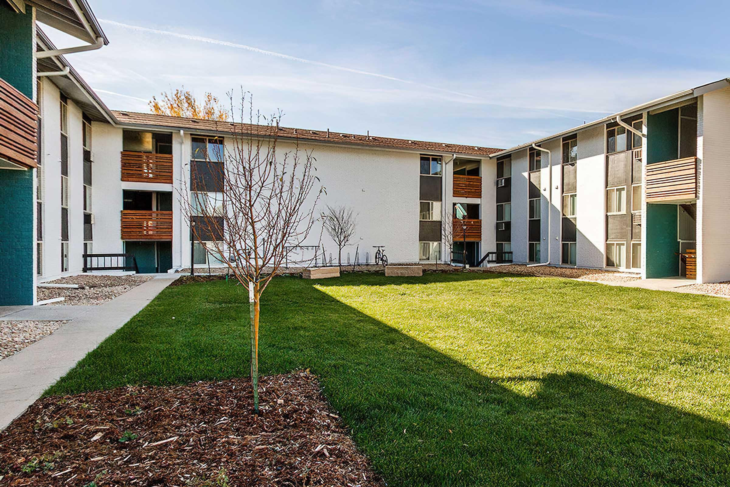 A view of an apartment complex courtyard featuring green grass, a small tree, and pathways. The buildings are three stories tall with a combination of white and blue exterior walls, wooden accents, and several windows. Sunlight casts shadows on the lawn, creating a serene outdoor space.