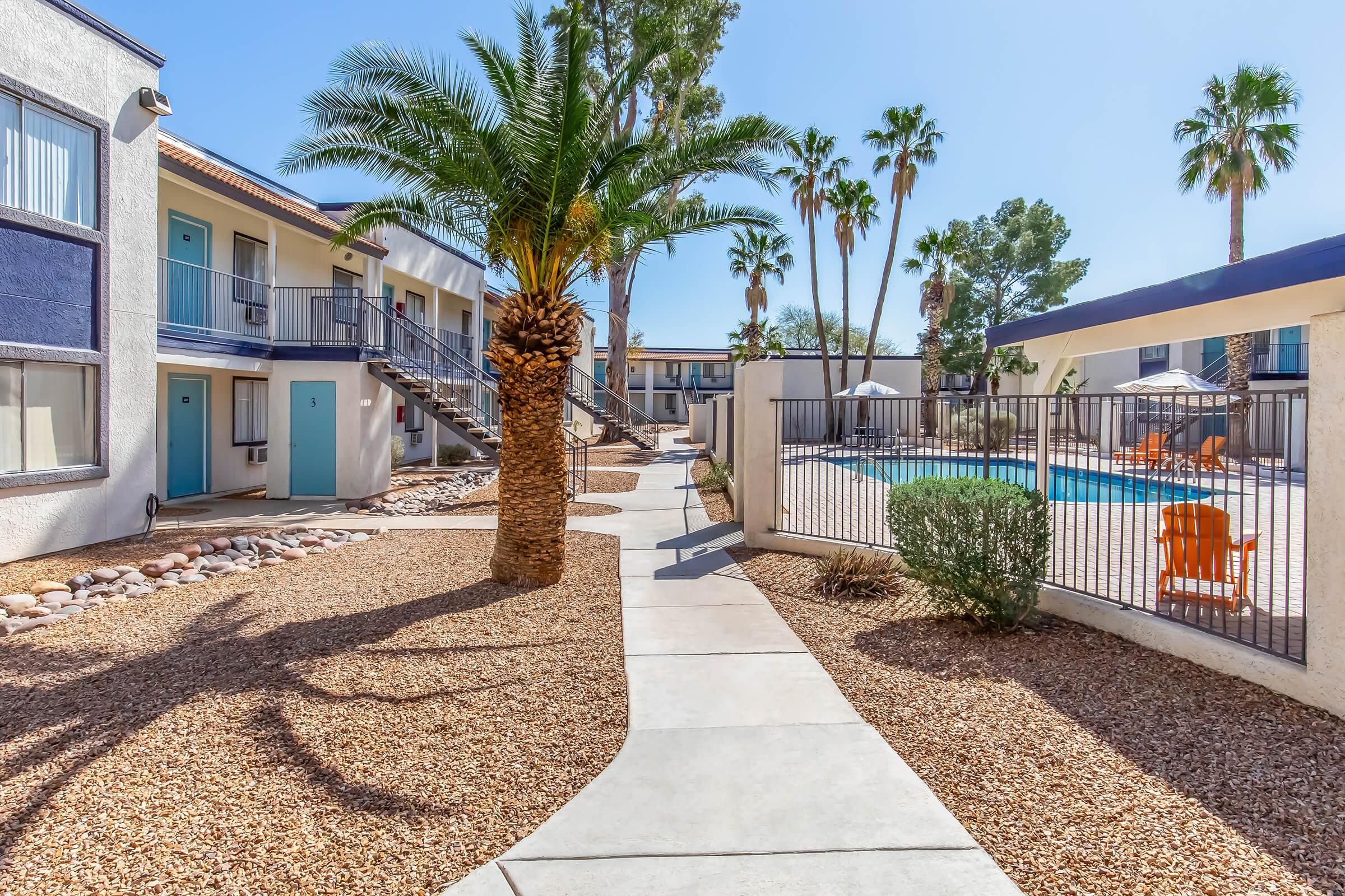 A well-maintained pathway lined with palm trees and desert landscaping, leading to a pool area with orange lounge chairs. Two-story buildings with blue doors are visible on either side of the path, under a clear blue sky.