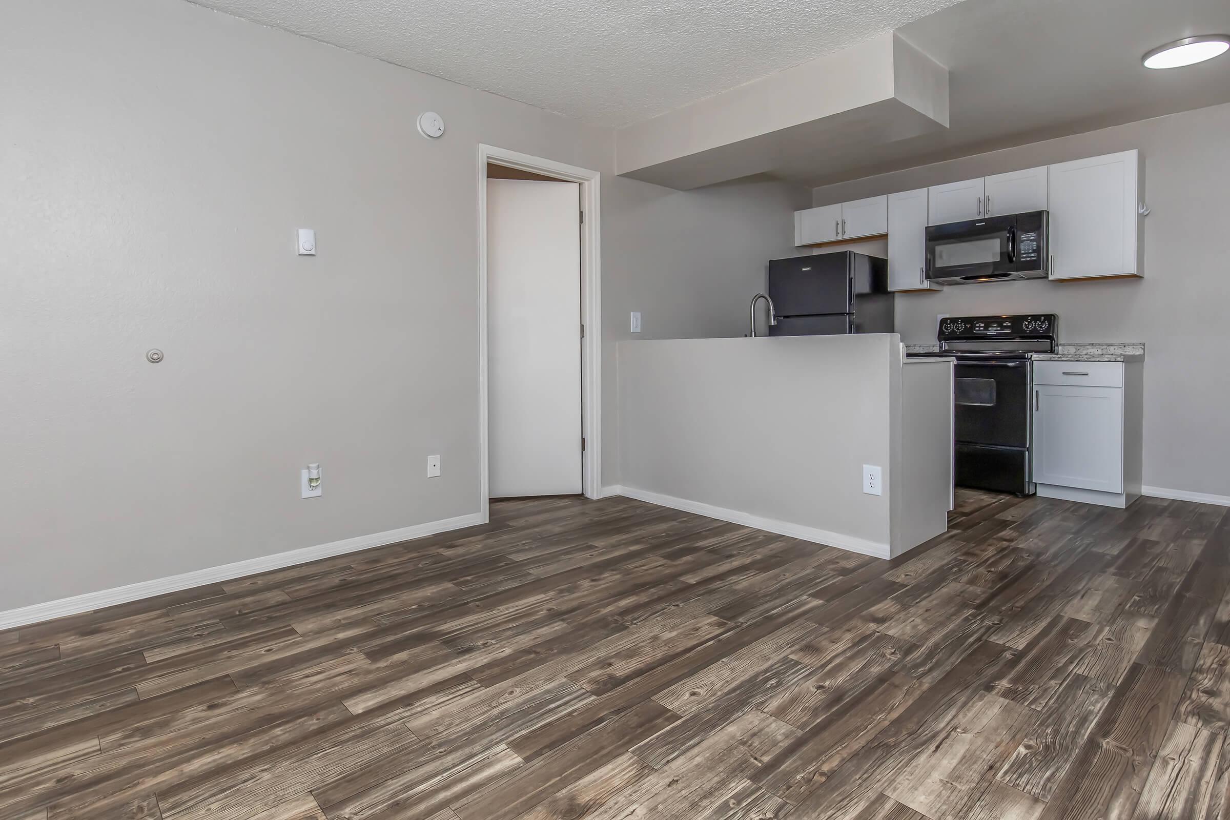 Interior view of a modern kitchen and living area in an apartment. The space features light gray walls, wooden flooring, a kitchen with white cabinets, stainless steel appliances, and an open layout. A door is visible leading to another room, enhancing the sense of openness.
