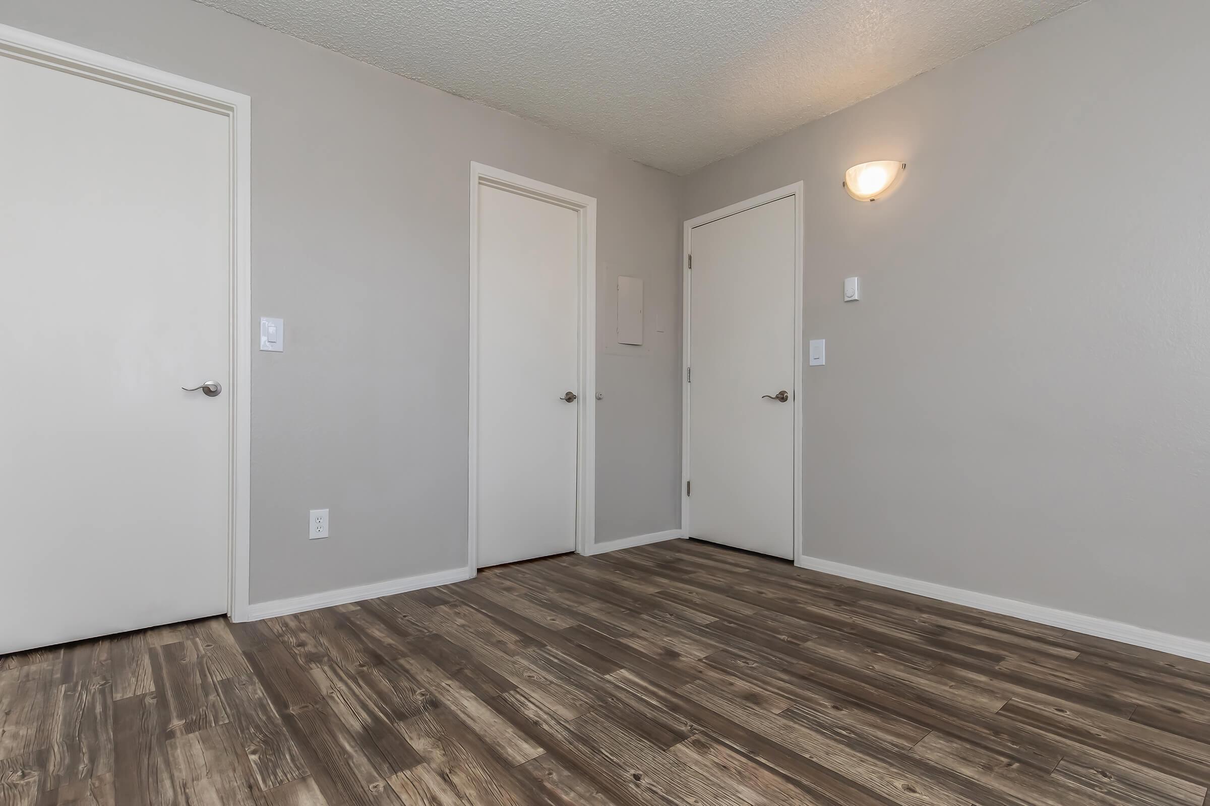 Empty interior room with light gray walls and wooden flooring. Two white doors are visible on the left side and one on the right, along with a wall-mounted light fixture. The room has a clean and modern look, emphasizing simplicity and space.