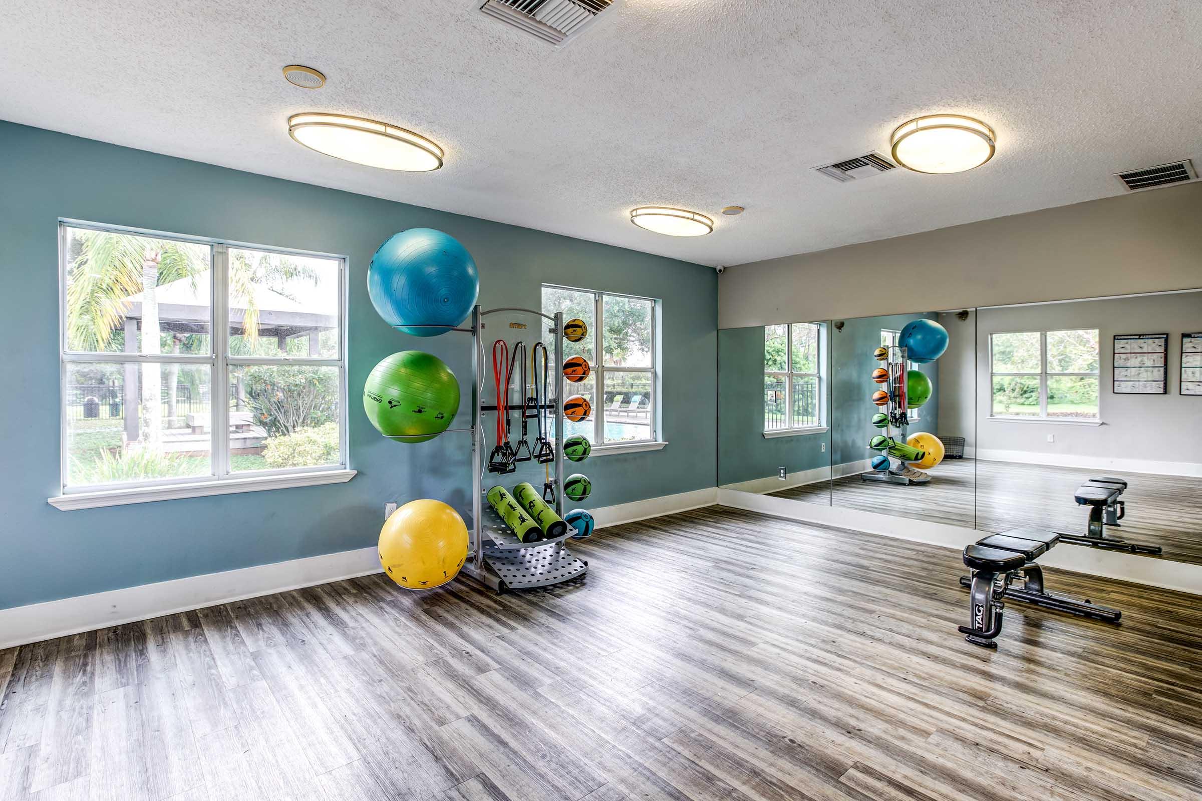 A well-lit fitness room featuring a mirror, exercise mats, kettlebells, and a wall of colorful exercise balls. Large windows provide natural light and a view of the outdoors. The flooring is wooden, creating a warm atmosphere, and the walls are painted in soft colors.